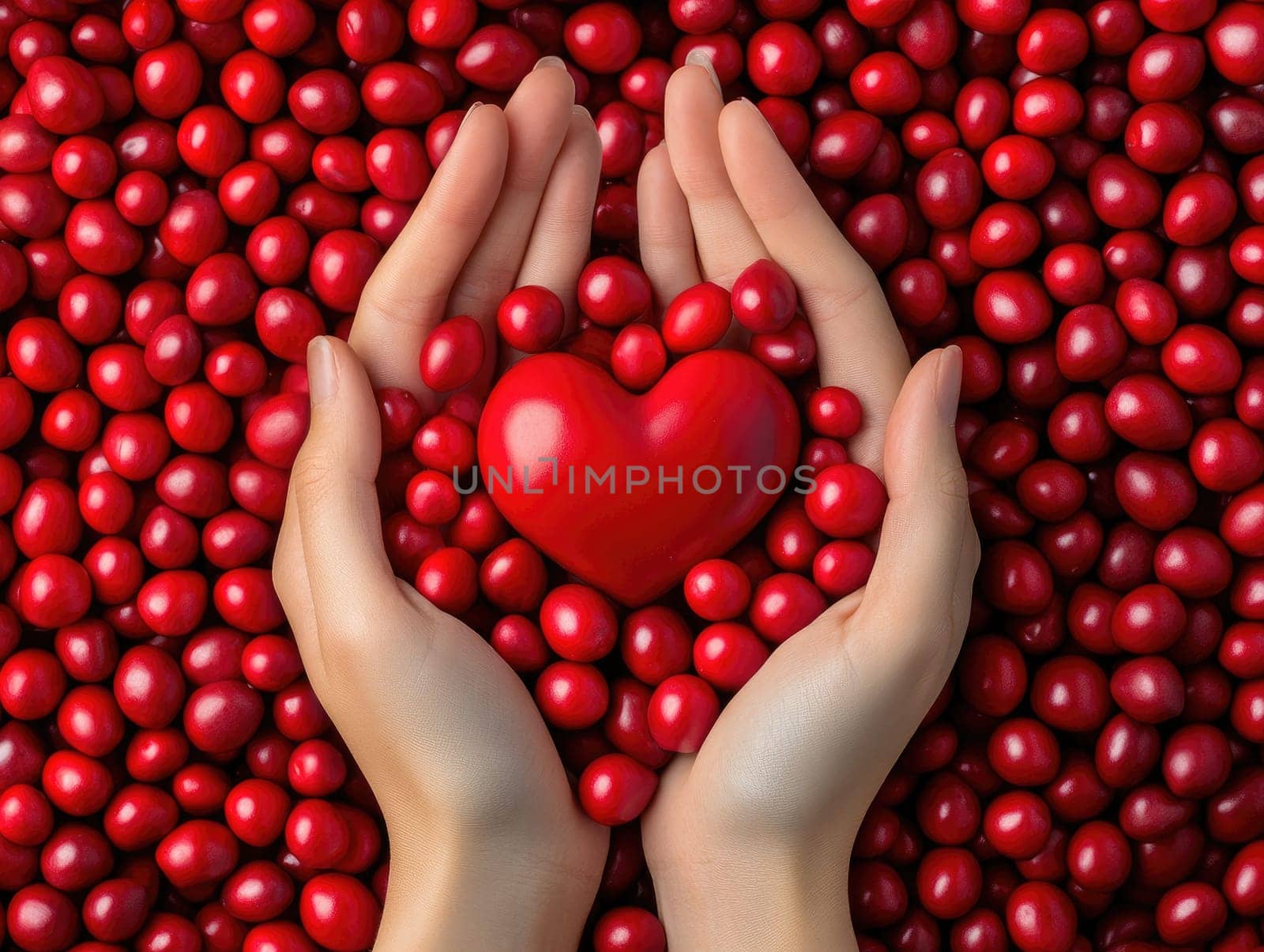 Giving tuesday symbolized with hands holding red heart surrounded by red berries with copy space.