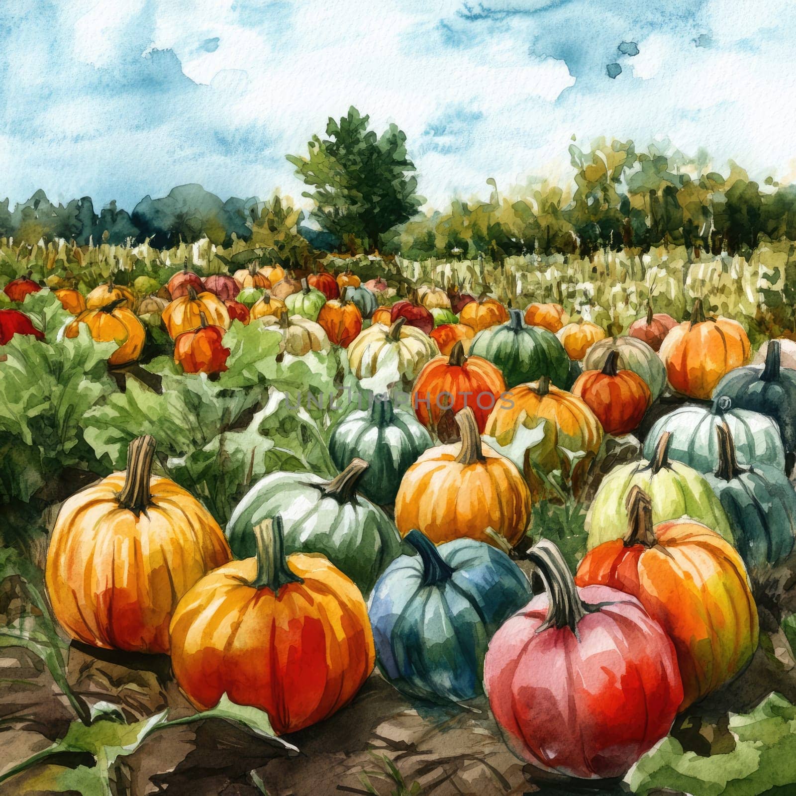 A variety of pumpkins in shades of orange, green, and yellow dot the ground in a lively field. The scene captures the essence of the autumn harvest
