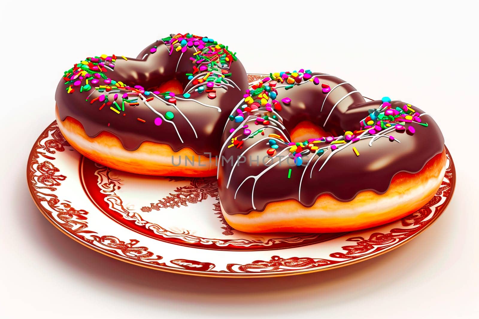 Two heart-shaped donuts, coated in chocolate and colorful toppings, sit side by side on a beautifully decorated octagonal plate, reflecting light and casting a soft shadow.