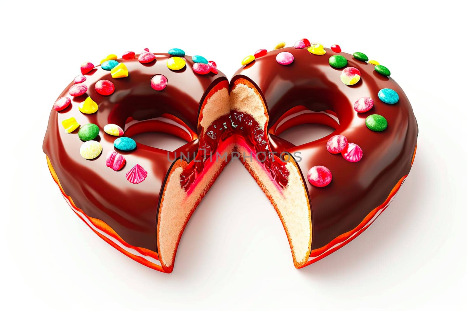 Two heart-shaped donuts sliced to reveal red currant jam, coated in chocolate with colorful toppings. A delicious and festive treat for special moments.