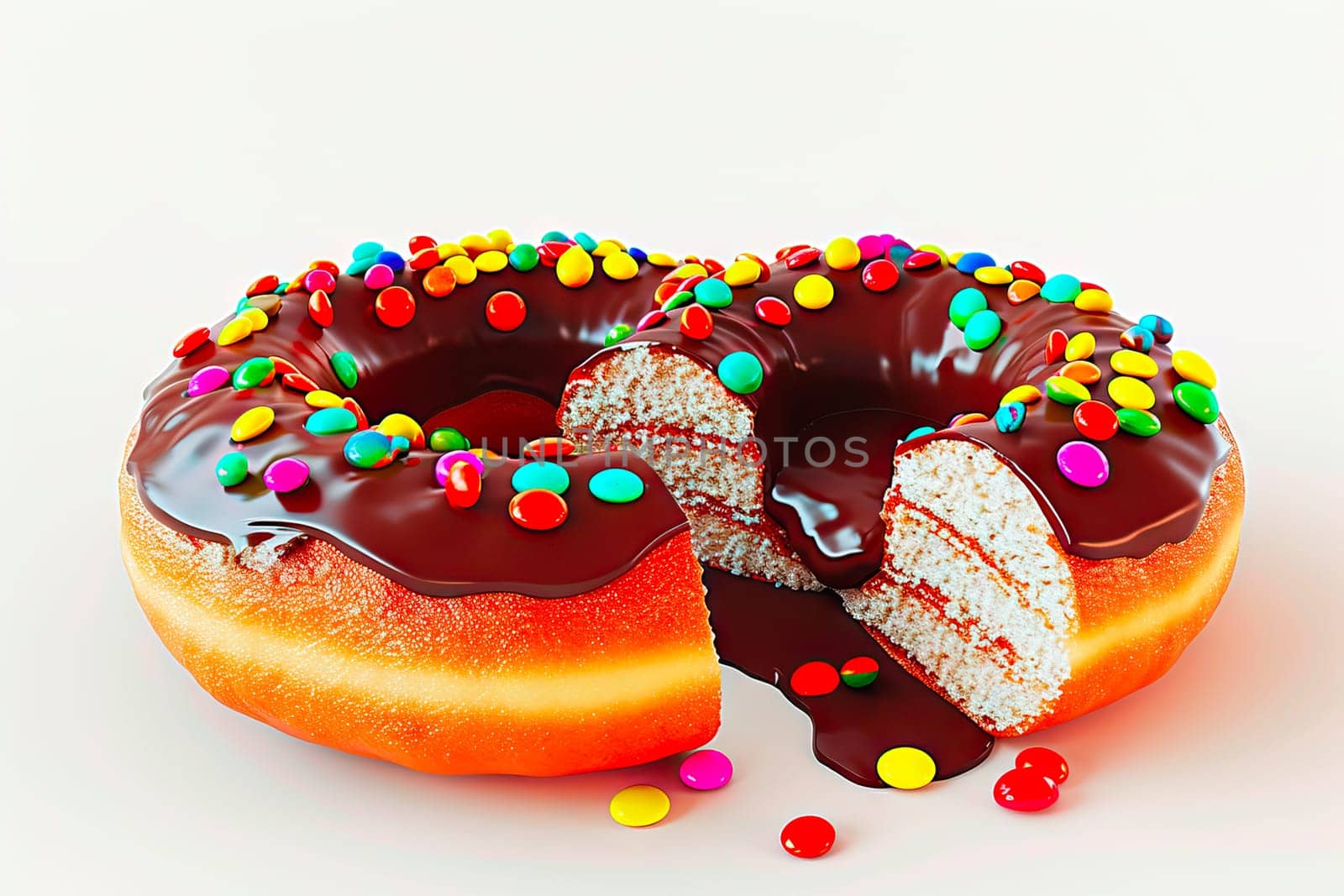 Two heart-shaped donuts, sliced to reveal red currant filling, covered in chocolate with colorful sprinkles. A perfect indulgence for festive occasions.