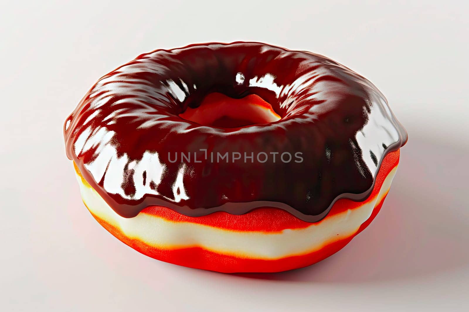 A fresh, round donut covered in glossy chocolate with a central hole, beautifully reflecting light. Ideal for festive occasions, showcasing the art of pastry making.