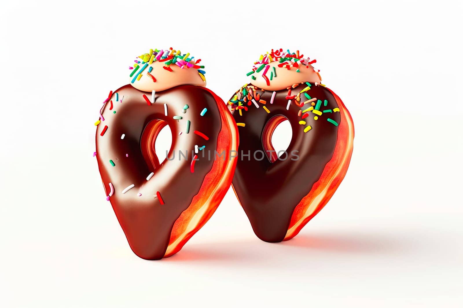 Delicious heart-shaped donuts, covered in shiny chocolate with colorful sprinkles, perfect for Valentine's Day or Fat Thursday. A sweet treat with a joyful and festive vibe.