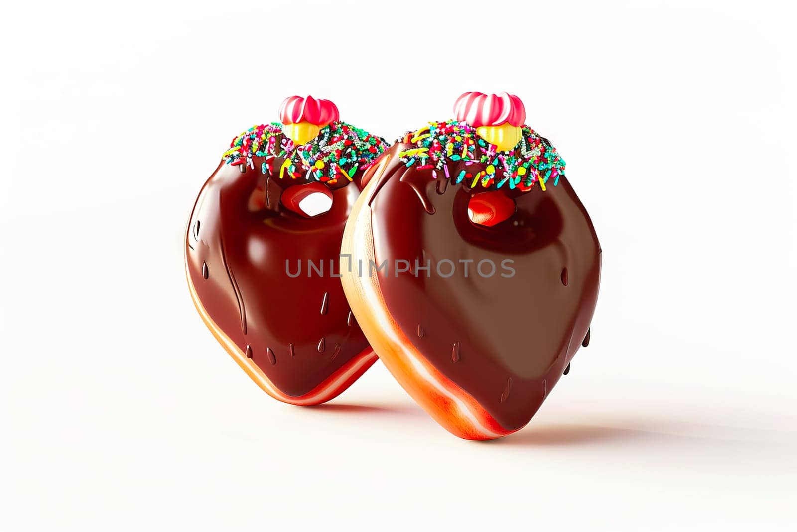 Tasty heart-shaped donuts with a glossy chocolate coating, topped with colorful sprinkles, perfect for celebrations like Valentine's Day or Fat Thursday. A delightful treat for any sweet occasion.