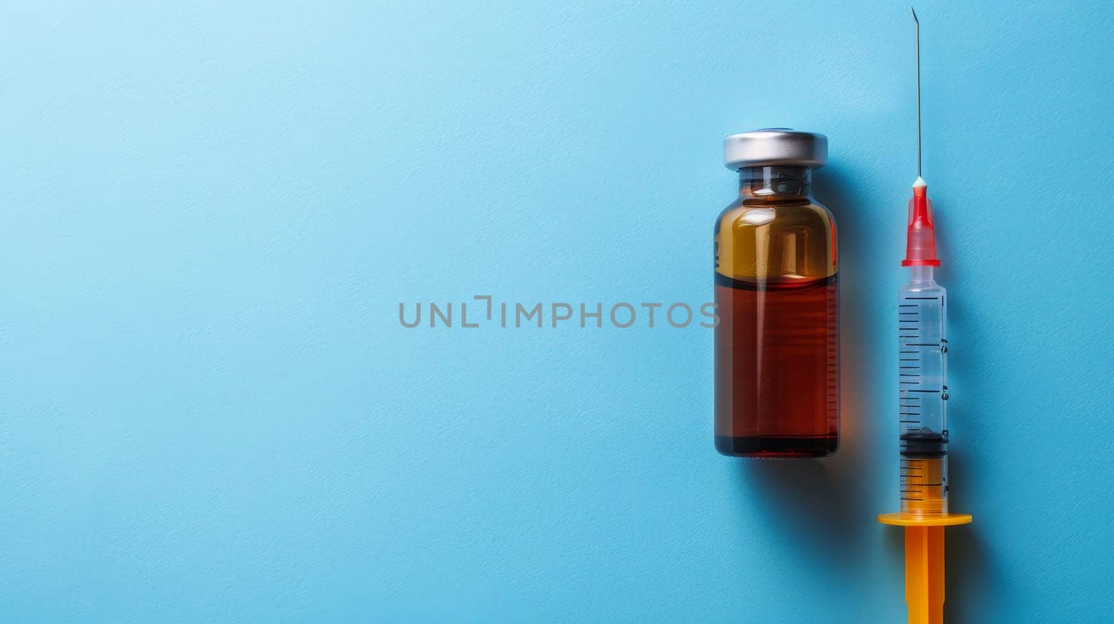 Vaccine bottle and syringe with broken needle on blue background, top view with space for text