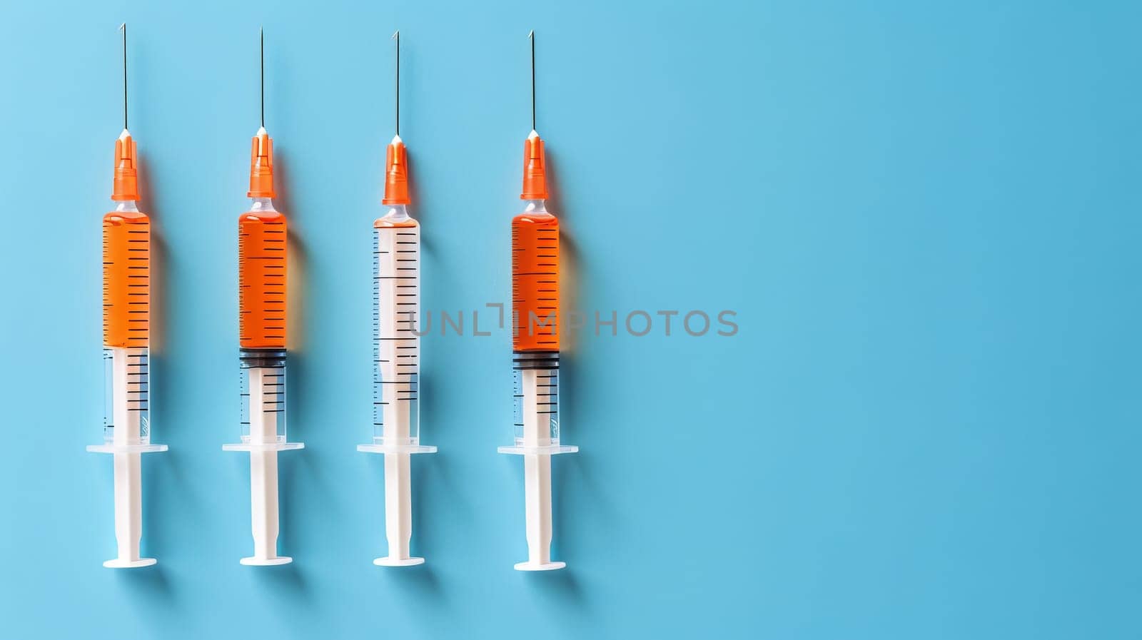 Vaccine syringes on blue background, top view with room for text, optimal for search relevance