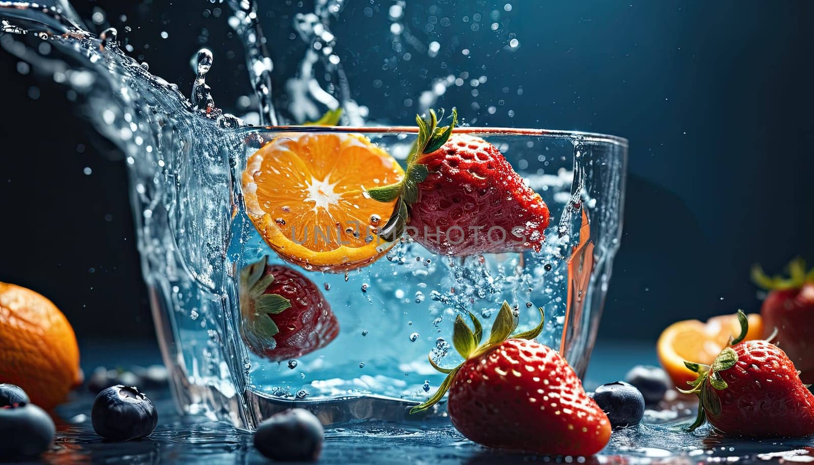 berries in water splash. Strawberries, oranges, blueberries in glass of fruit-infused water