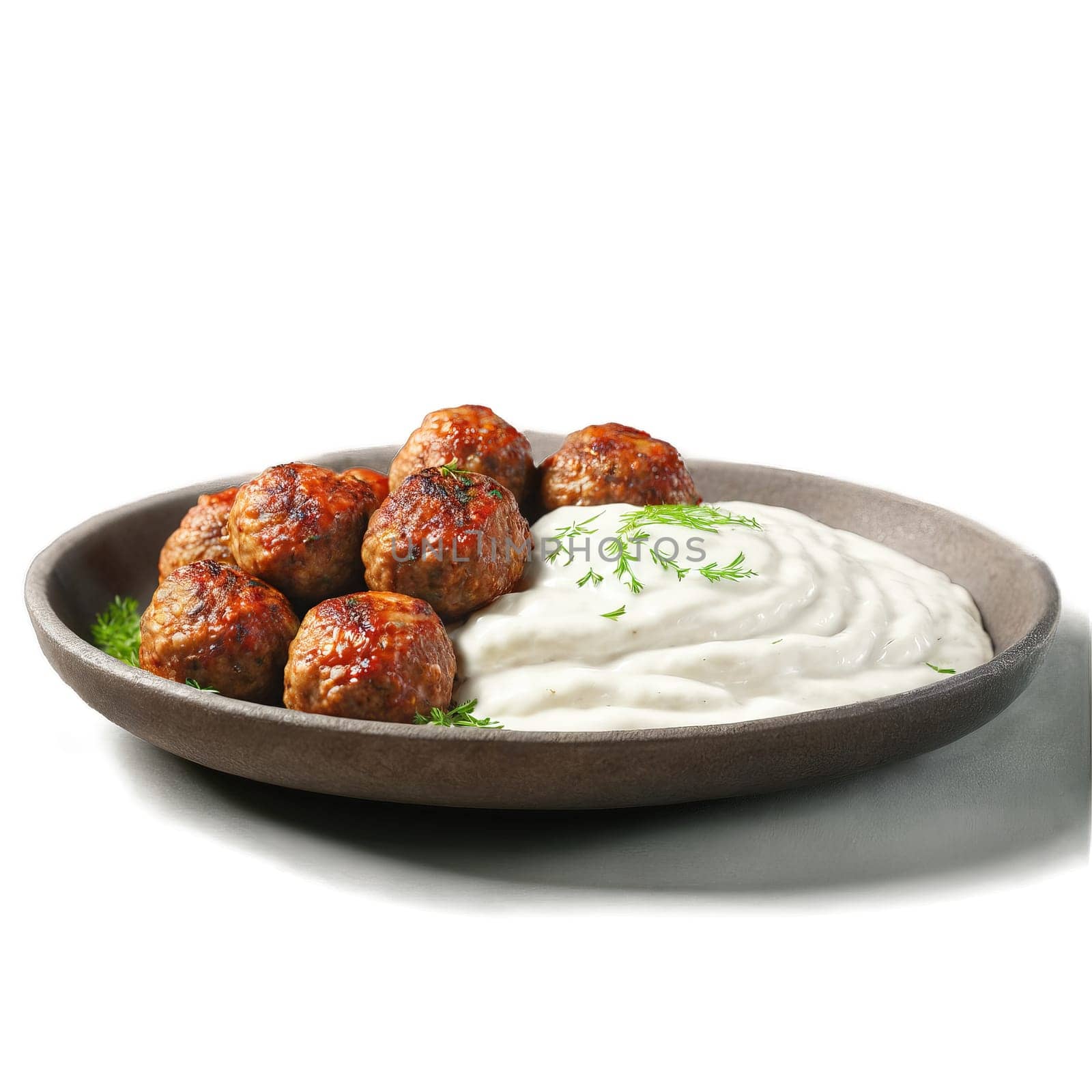 Bulgarian kyufte meatballs ground meat onions herbs grilled served with yogurt sauce Culinary and Food. close-up food, isolated on transparent background