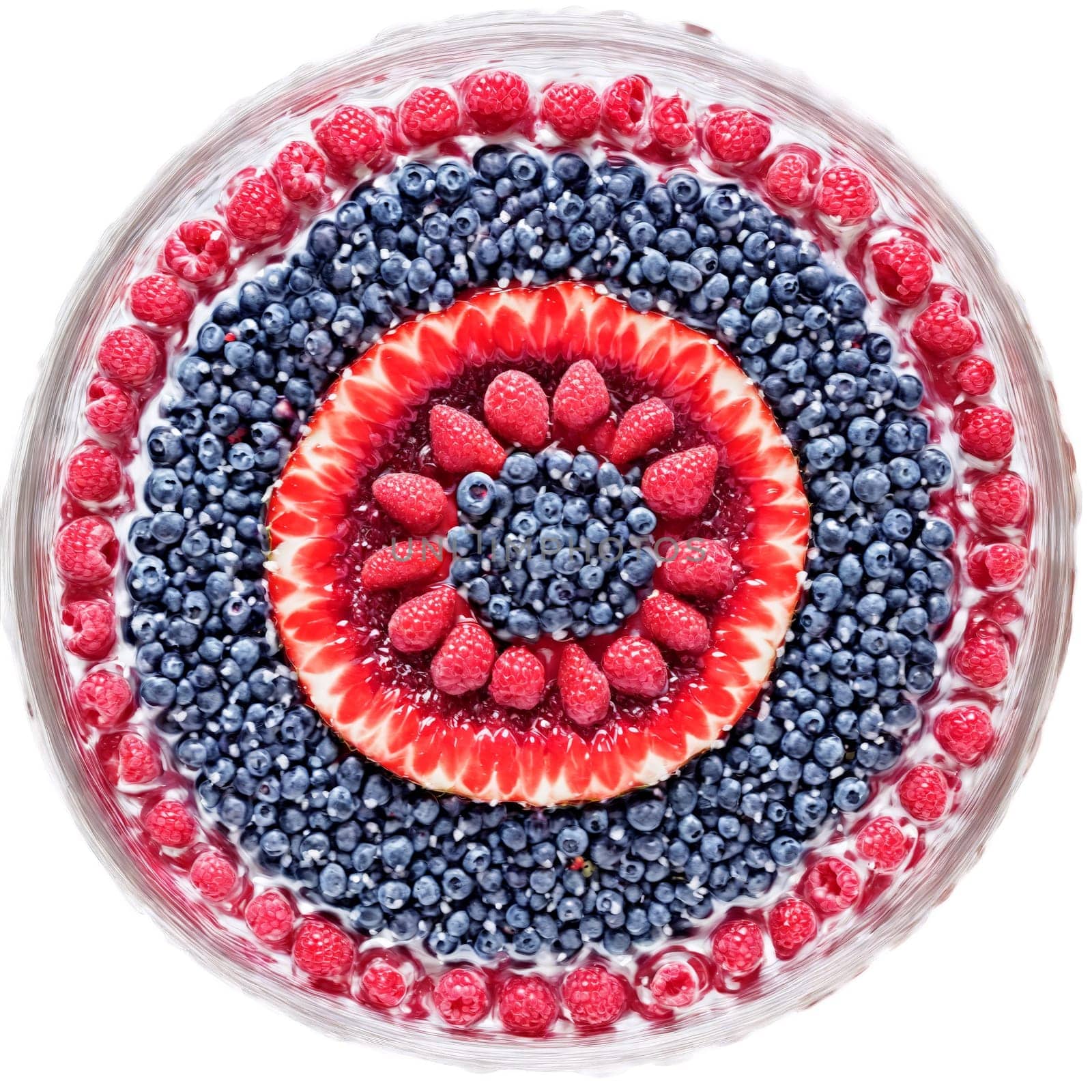 Fruit preserves mandala a mandala of strawberries raspberries and blueberries with sugar crystals flying. Food isolated on transparent background.