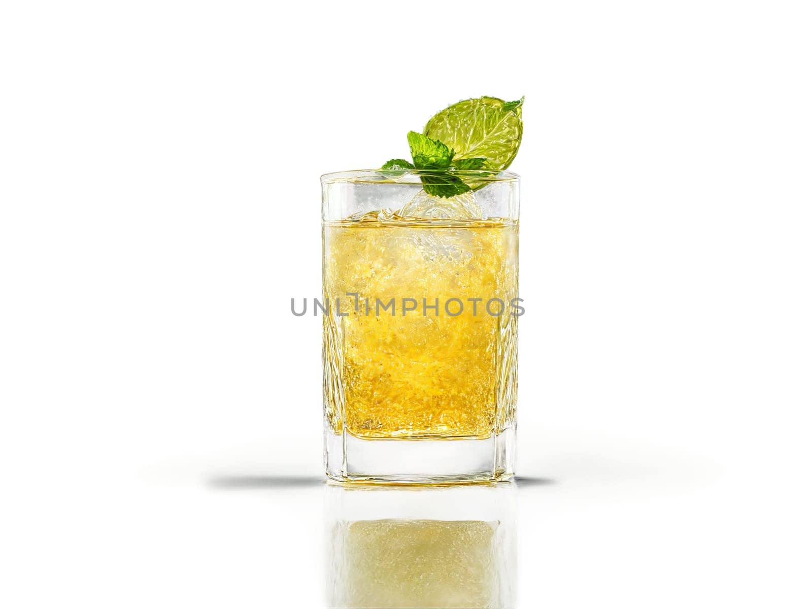 A crystal clear highball glass filled with an effervescent golden liquid topped with a twist. Drink isolated on transparent background.