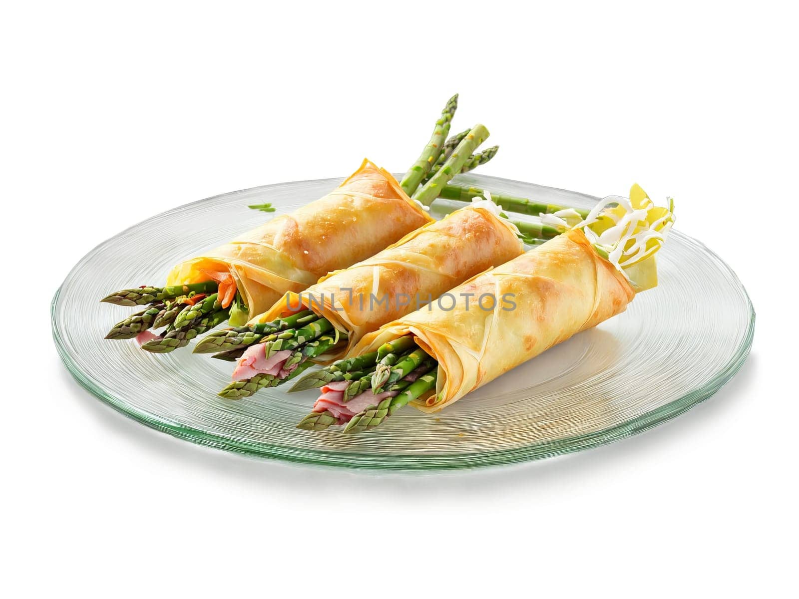 Spring roll asparagus and ham roll ups with herbed cream cheese served on a transparent. Food isolated on transparent background.