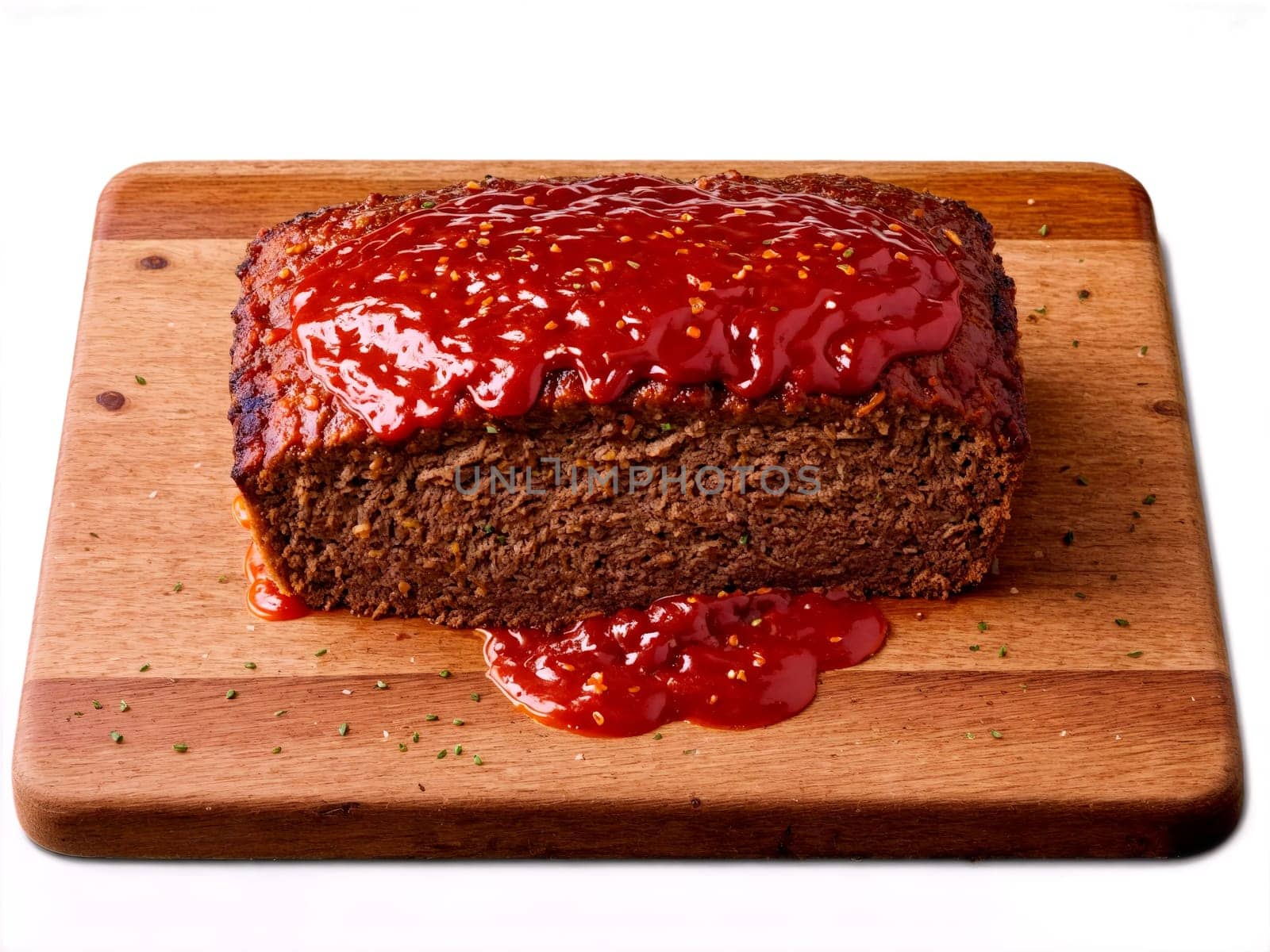 Meatloaf A hearty slice of meatloaf topped with tangy tomato glaze on rustic wooden board. Food isolated on transparent background.