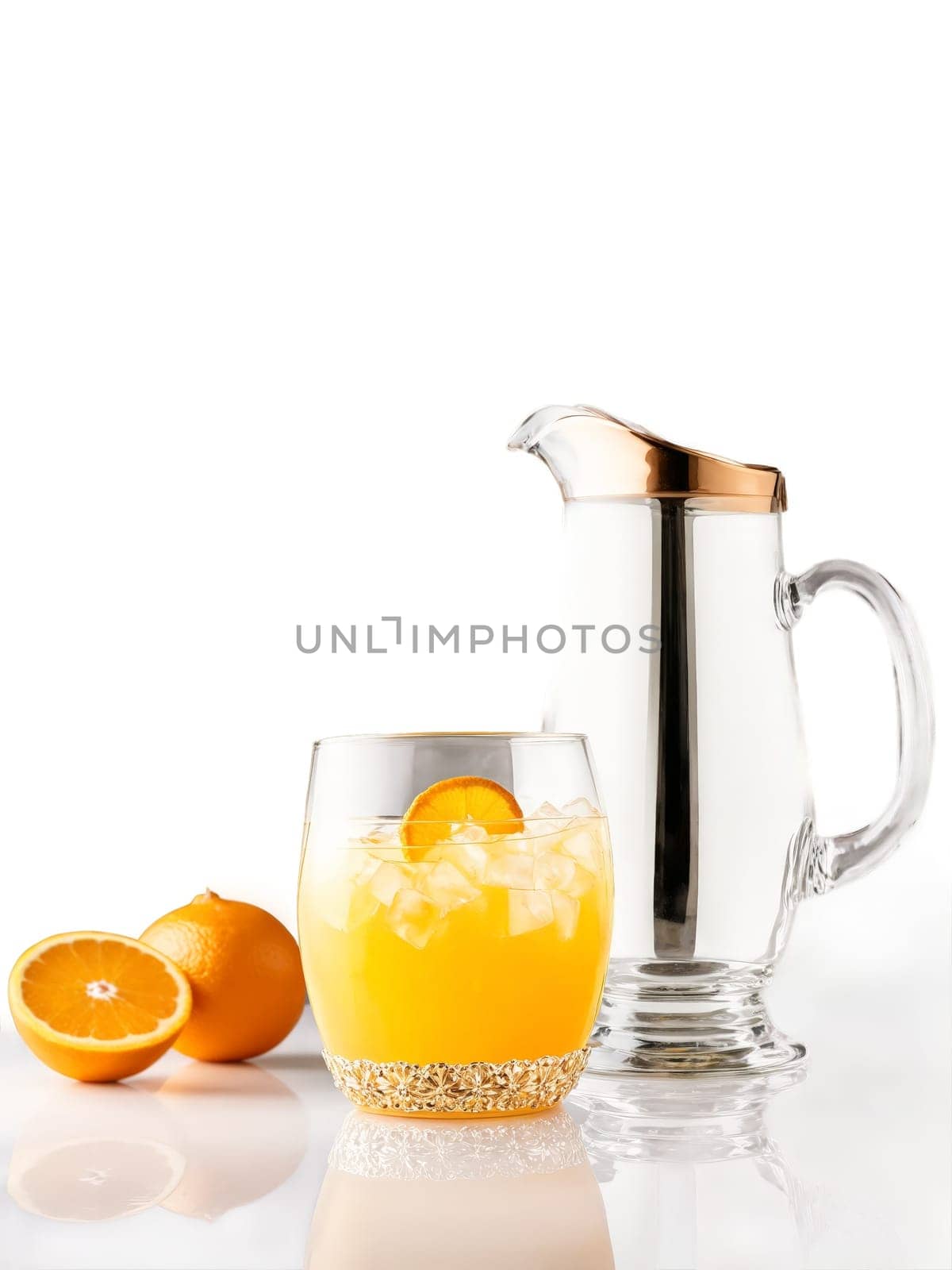 Valencian Agua de Valencia Pitcher and glasses with the famous Valencian cocktail made with cav. Drink isolated on transparent background.