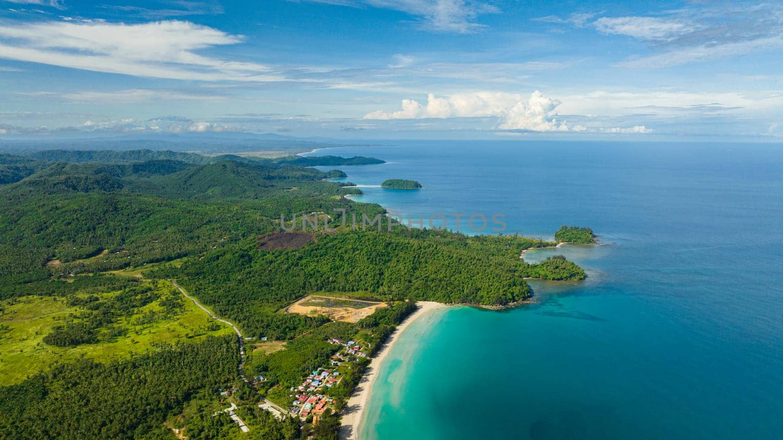 Aerial drone of island of Borneo with rainforest and mountains. The Tip of Borneo, Malaysia.
