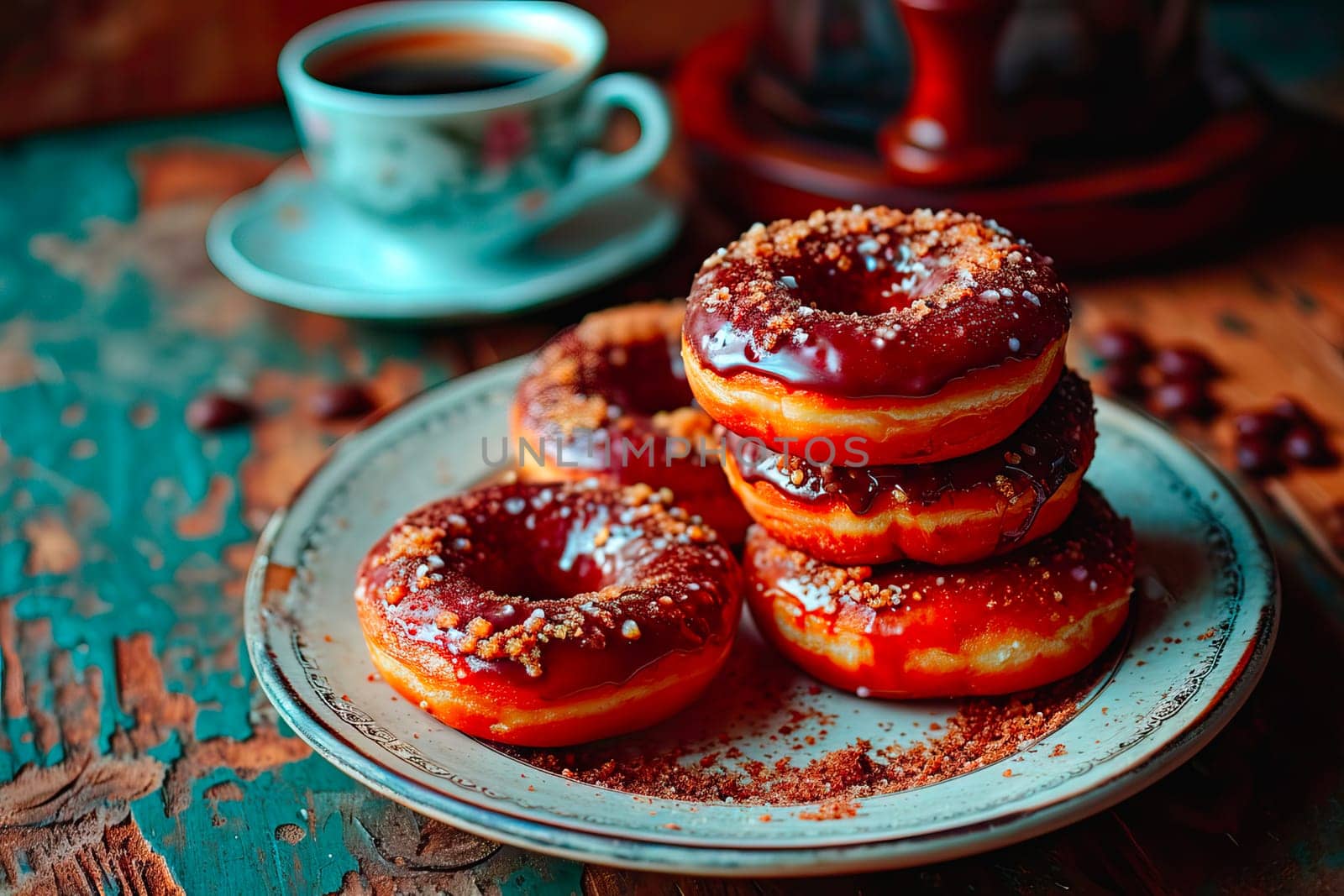 Warm caf ambiance featuring chocolate-glazed doughnuts on a rustic wooden table with cappuccino. Perfect for a sweet indulgence, cozy date, or relaxing coffee break, the setting is bathed in warm, inviting tones, creating a comforting atmosphere.