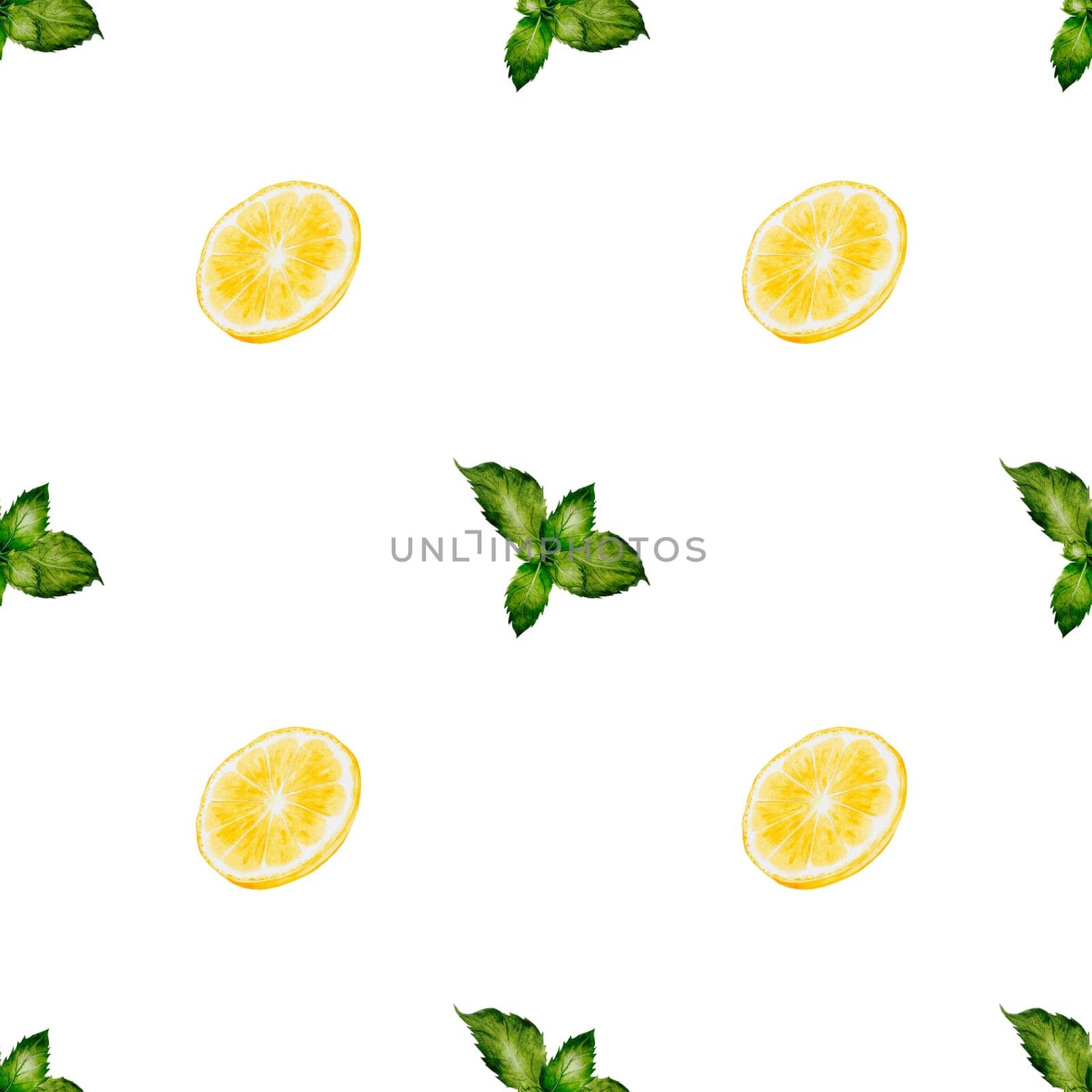 Lemon and mint watercolor seamless pattern. Hand drawn tropical sour fruit. Clip art of juicy yellow lime and green leaves. Half of citrus on isolated white background. Ideal for tableware, kitchen textiles and cosmetic packaging
