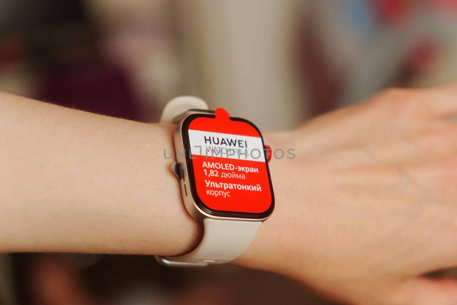 Tyumen, Russia-June 20, 2024: Sleek White Huawei Watch Fit 3 on a Wrist