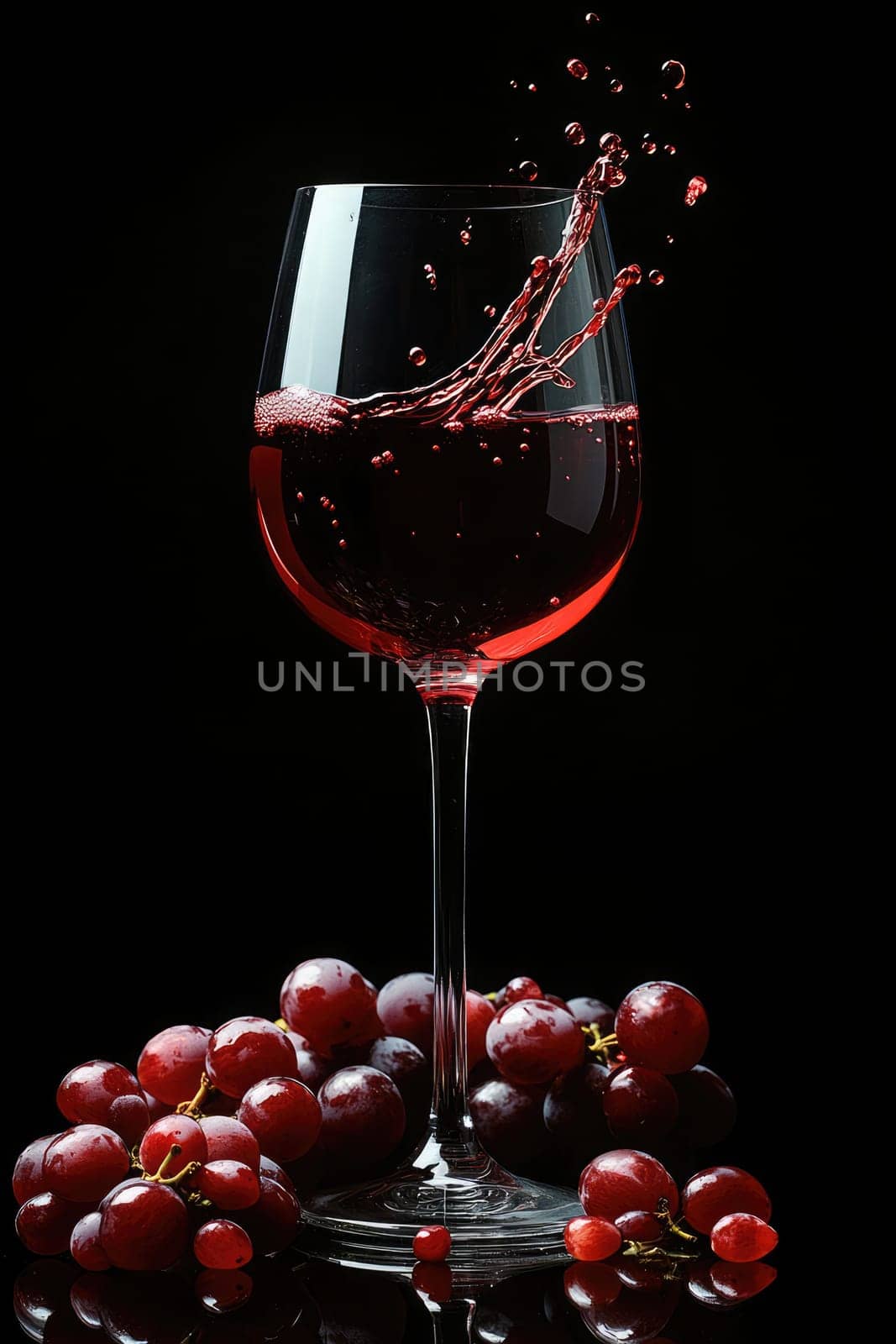 A stemmed glass filled with pink liquid splashes as fresh grapes surround it, capturing a lively moment of refreshment and enjoyment.