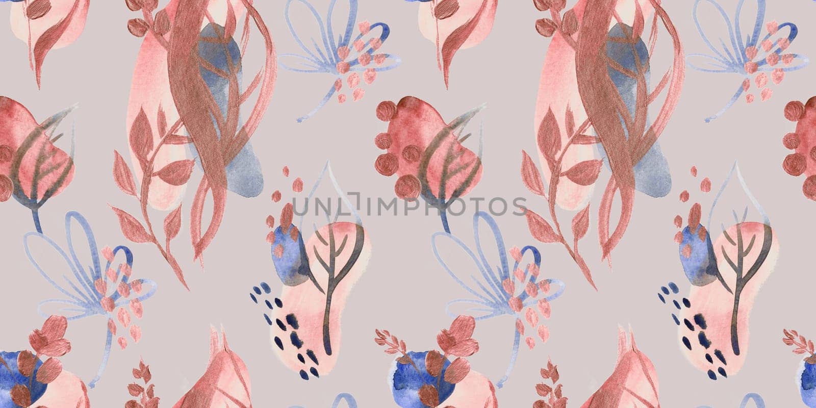 Seamless botanical pattern with gouache painted flowers and leaves flowers for textile design and autumn prints