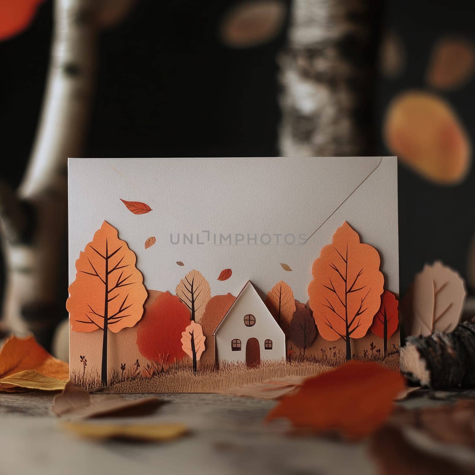 A charming autumn paper craft showcases a quaint house nestled among vividly colored trees as leaves gracefully drift down in warm hues, creating a serene atmosphere.