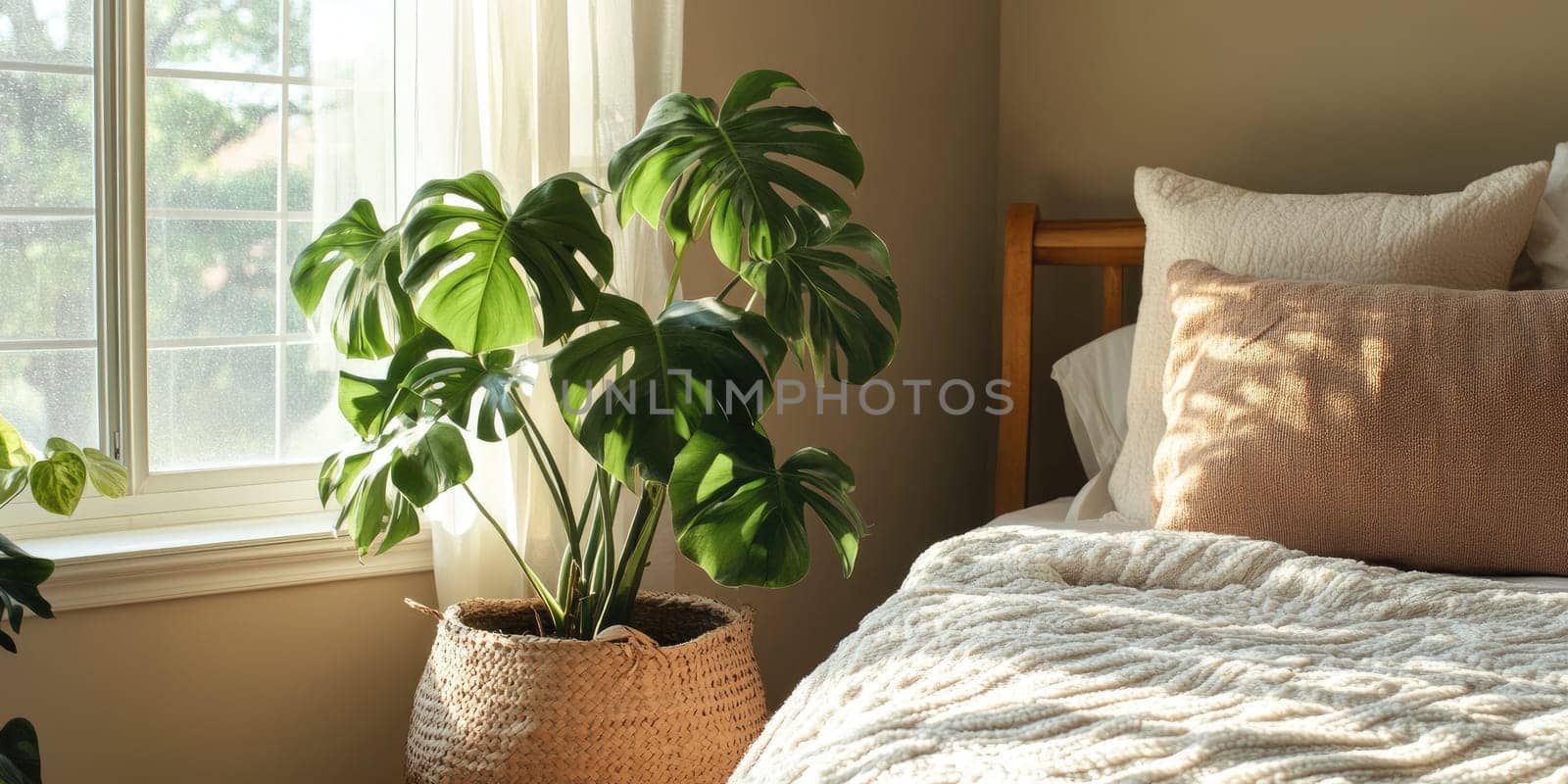 Cozy bedroom with sunlit monstera plant and natural decor.
