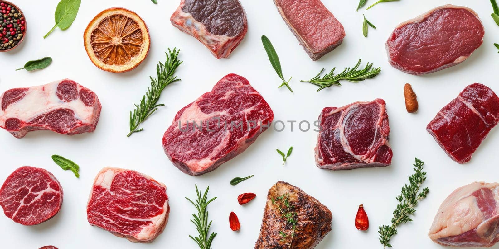 Carnivore diet background with assorted raw meats and herbs on white surface for culinary design.