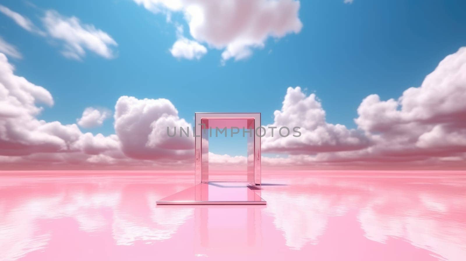 3d rendered Abstract aesthetic background. Surreal fantasy landscape. Water, pink desert, neon square shape chrome metallic gate under the blue sky with white clouds. Virtual reality wallpaper. Generative AI weber. by biancoblue