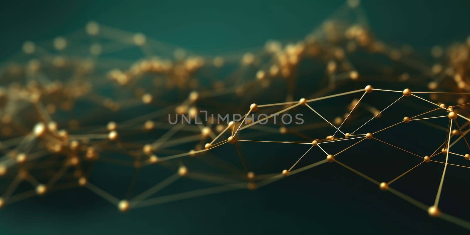 3D network connections with plexus design green and gold color background wallpaper. Generative AI weber. by biancoblue