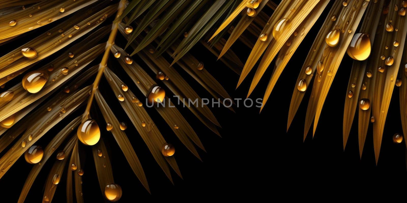 Dark Gold palm leaves and droplet Water dramatic photo effect background, realism, realistic, hyper realistic. Generative AI weber. by biancoblue