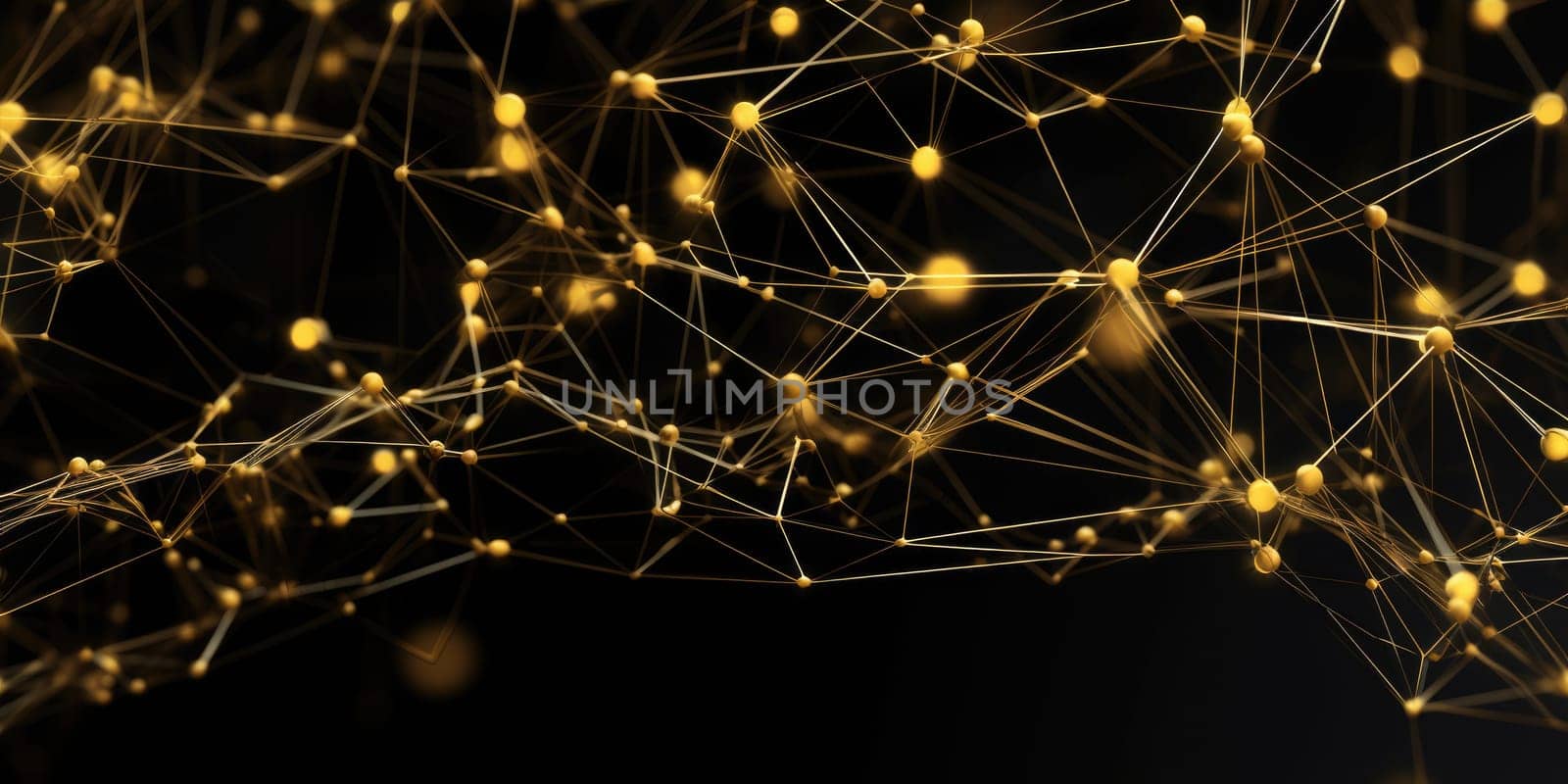 3D network connections with plexus design black and gold color background wallpaper. Generative AI image weber.