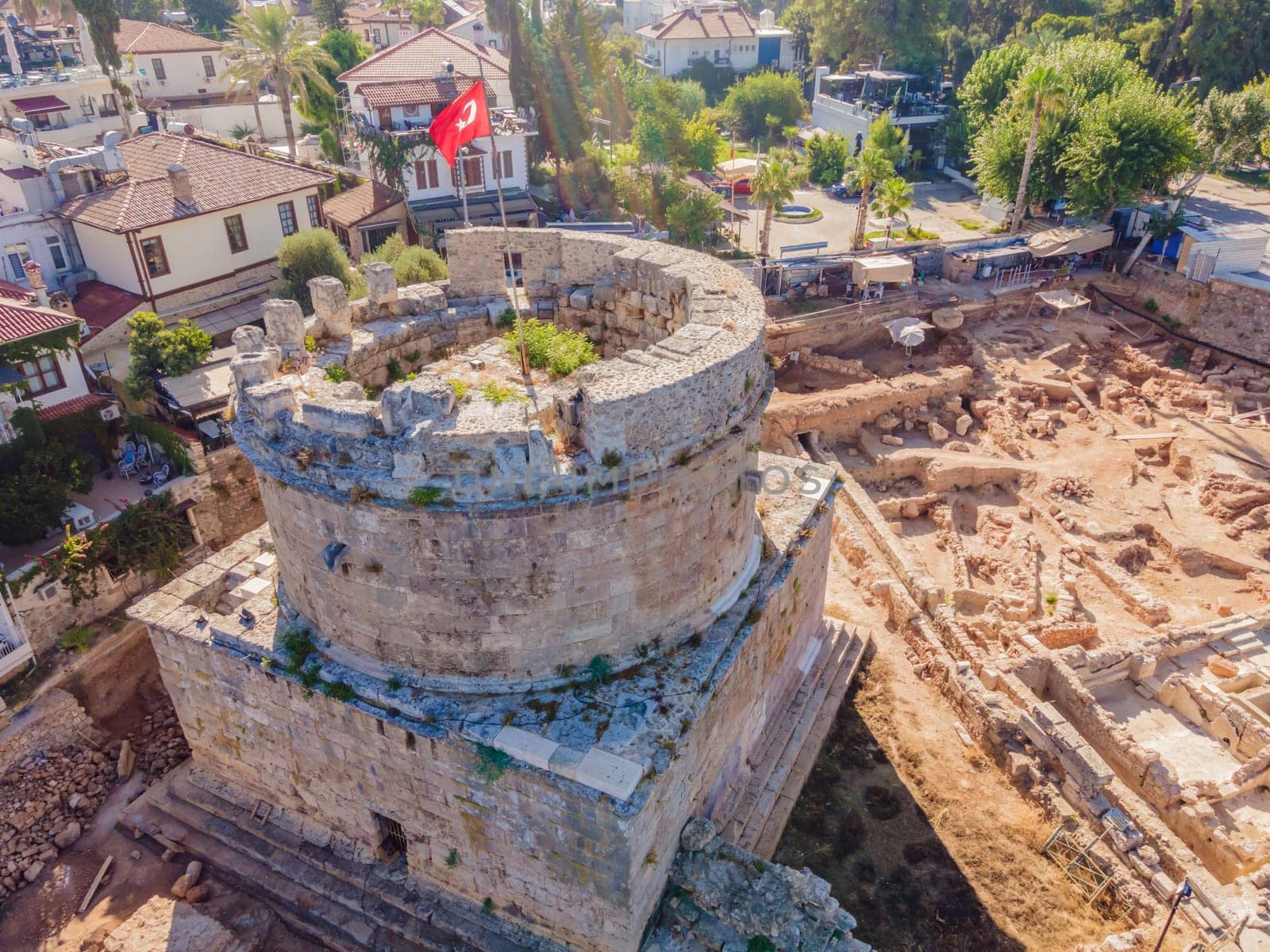 Hidirlik Tower, landmark of old town in Antalya Turkey. Drone view by galitskaya