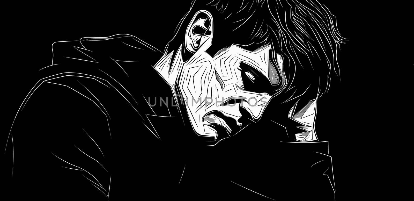 Abstract portrait of a young man suffering from depression and loneliness in vector line art style.  by palinchak