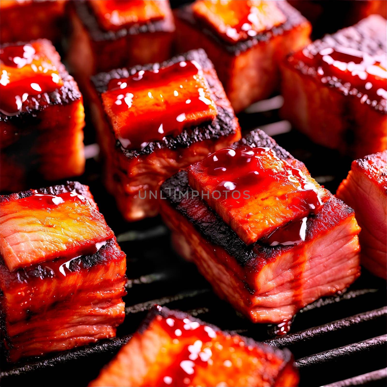 Pork belly burnt ends caramelized cubes BBQ sauce glaze dripping Food and Culinary concept. Food isolated on transparent background.