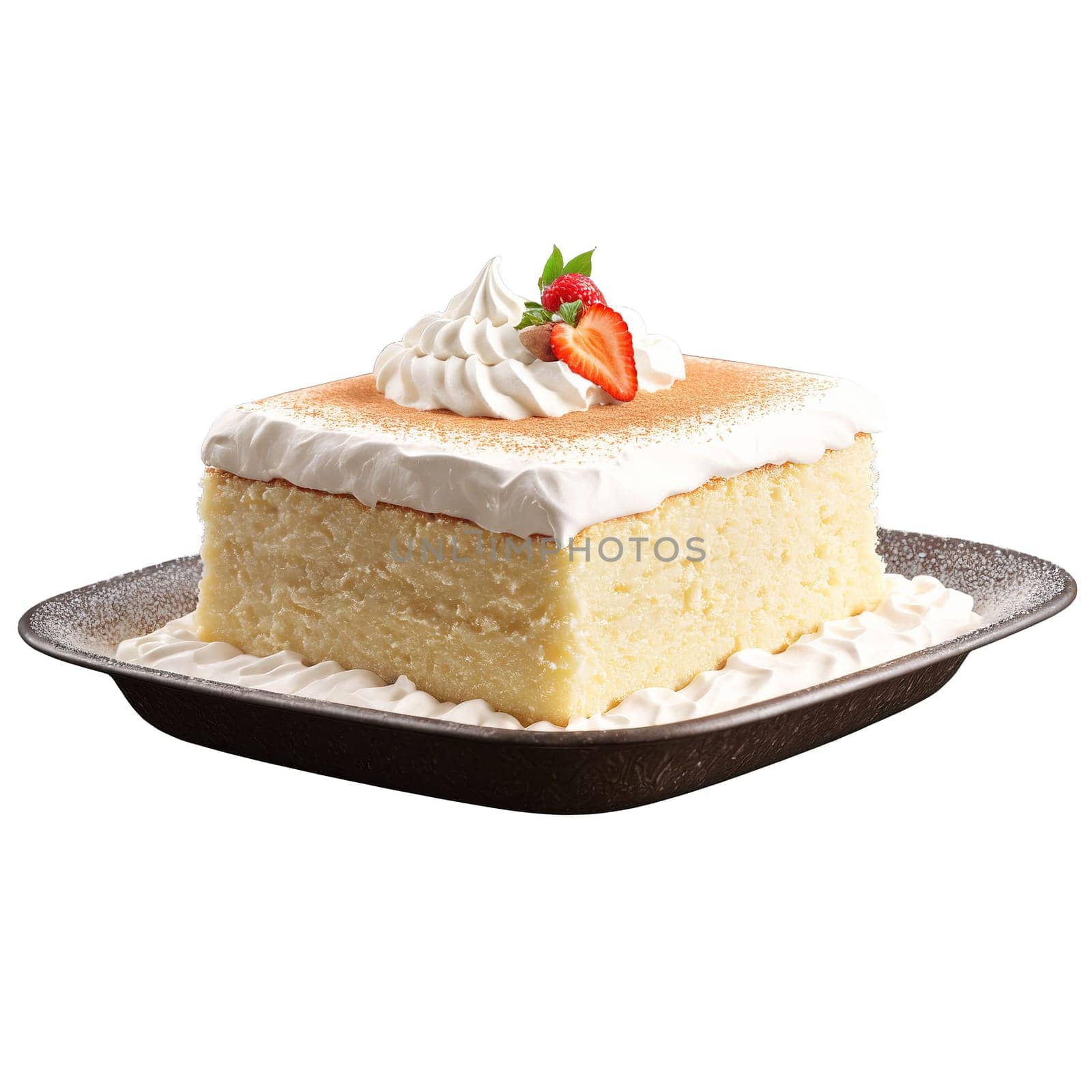 Indulgent tres leches cake in glass dish cake layers soaking three kinds of milk pouring. Food isolated on transparent background.