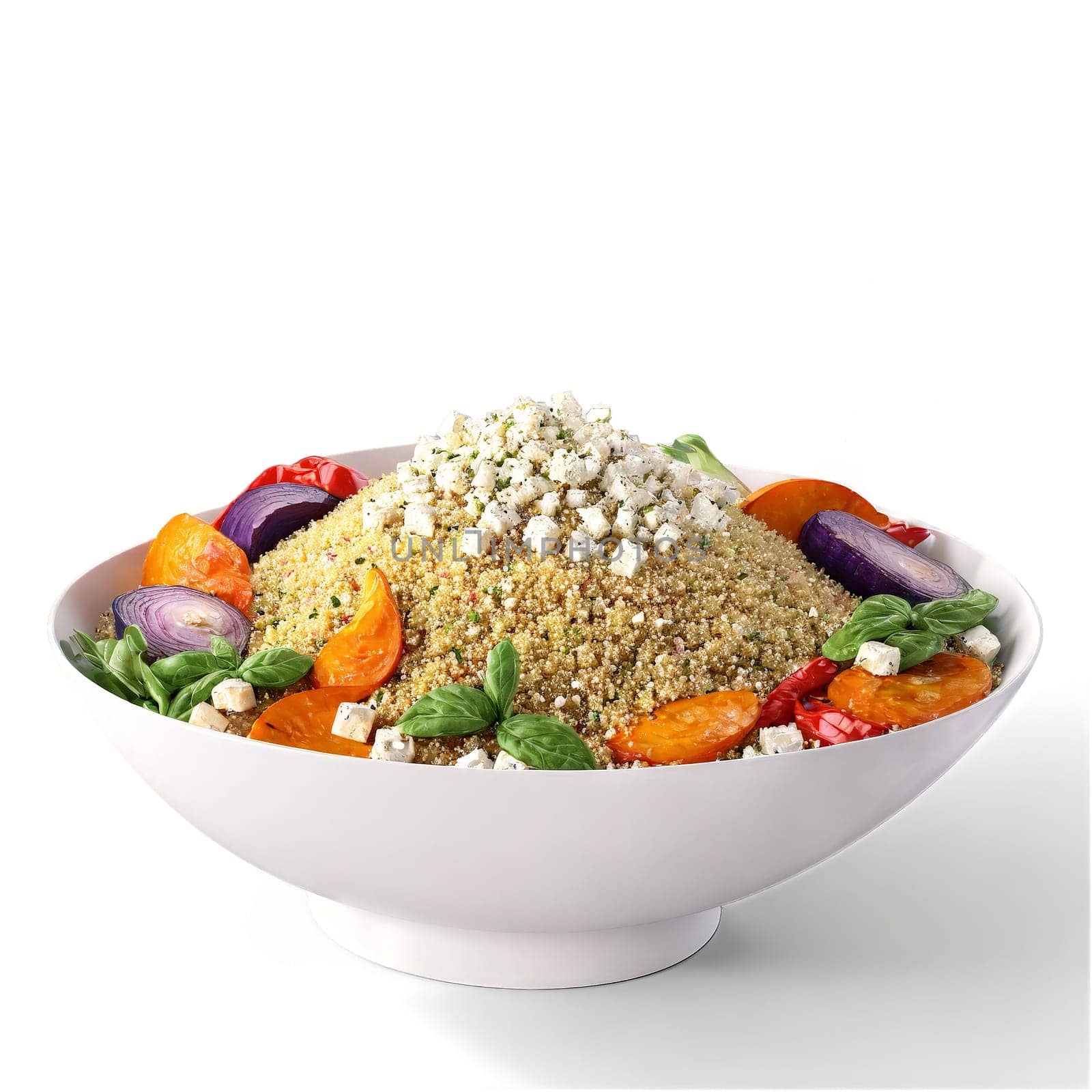 Quinoa salad elements above prepared bowl fluffy quinoa roasted vegetables and feta cheese undulating fluidly. Food isolated on transparent background.