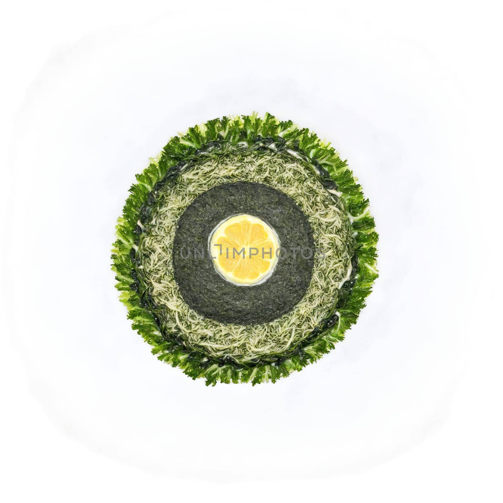 Kombu mandala a savory mandala of kombu seaweed with powder steeping and steam rising. Food isolated on transparent background.