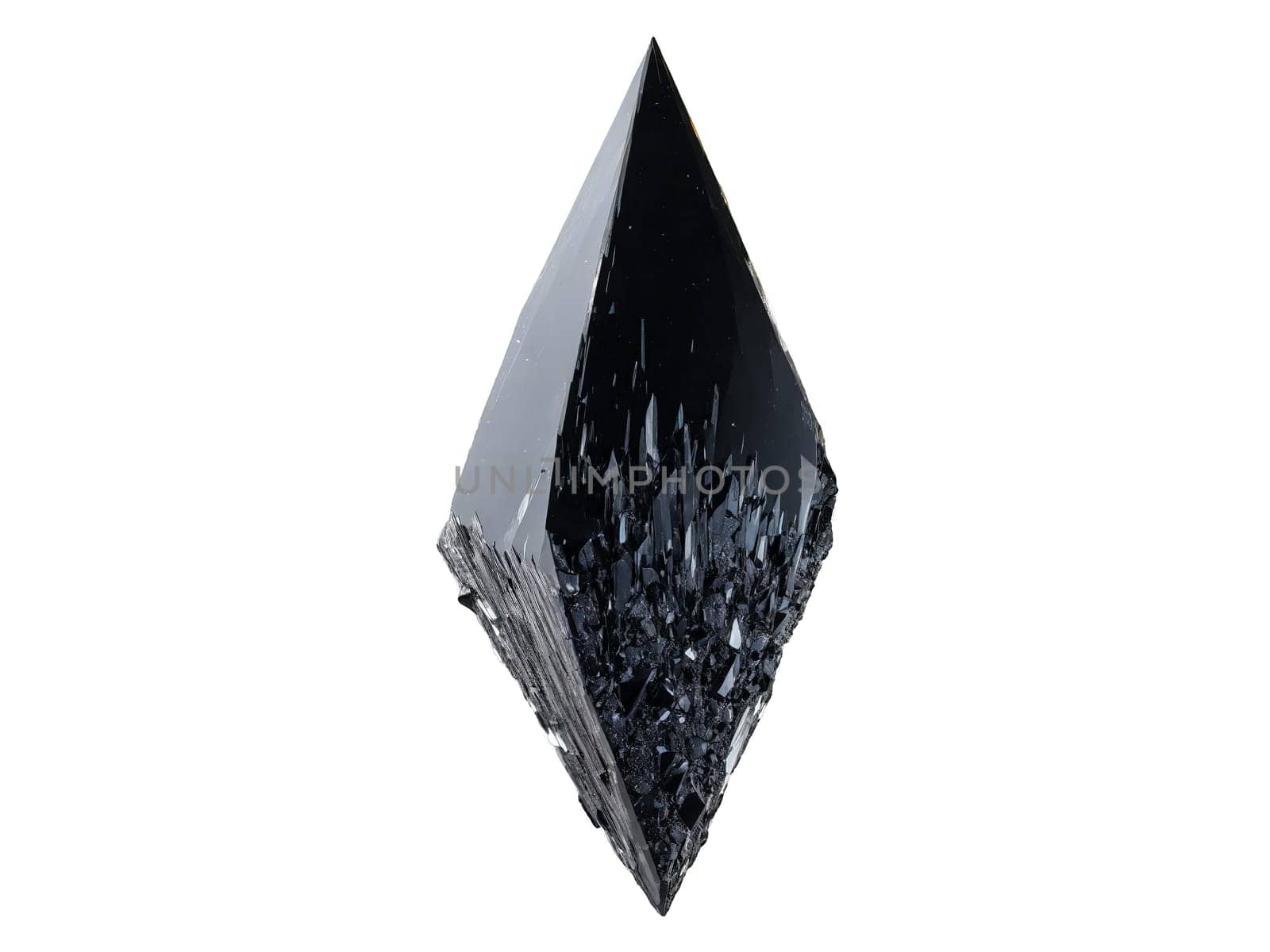 Stone isolated on transparent background. Obsidian A sharp black obsidian shard with a glassy luster levitating and reflecting a beam.