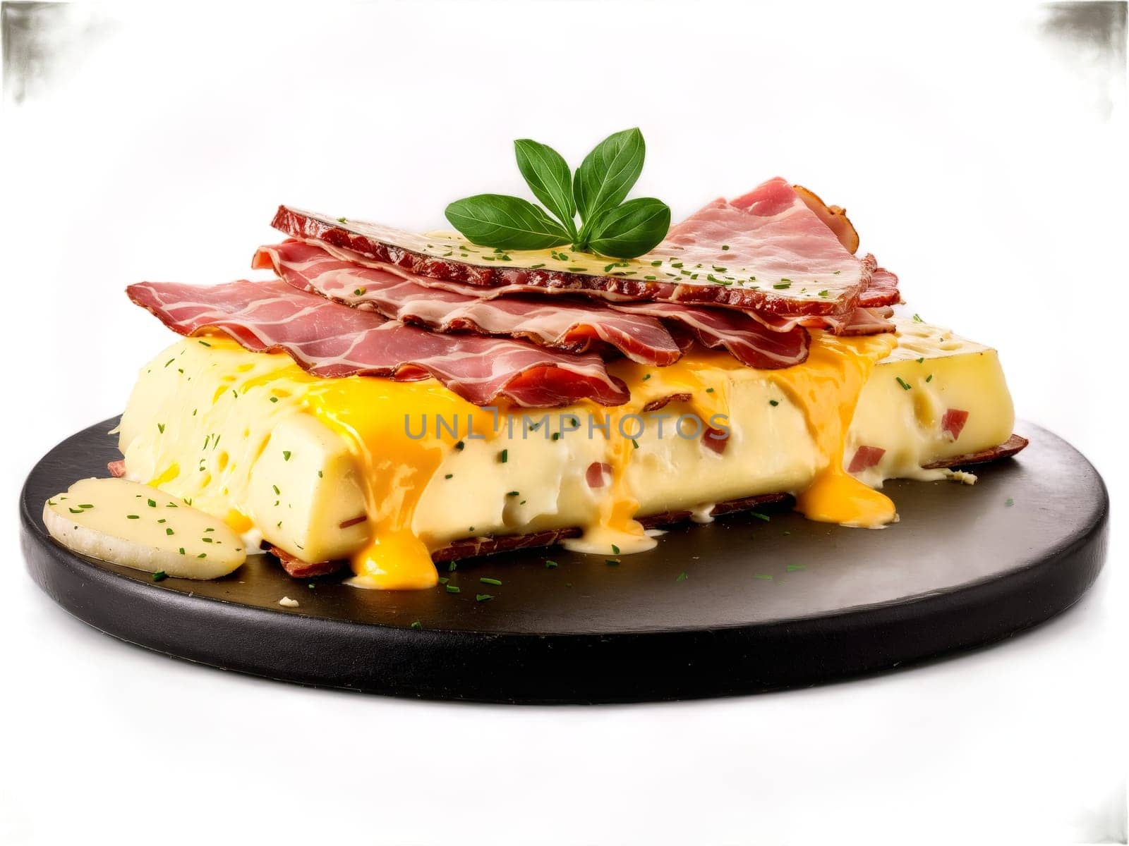 Raclette with melted cheese boiled potatoes and charcuterie. Food isolated on transparent background.