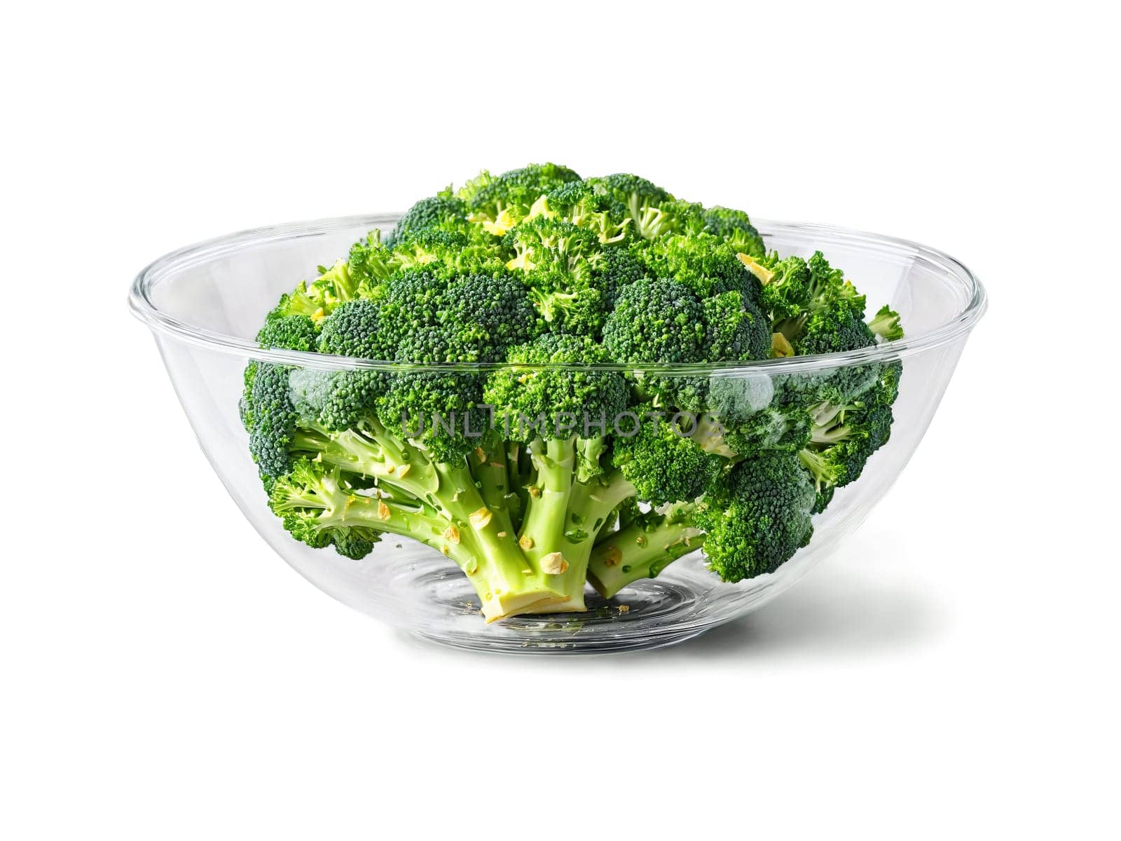 Broccoli steamed and garnished with lemon zest served in a transparent glass bowl green. Food isolated on transparent background.