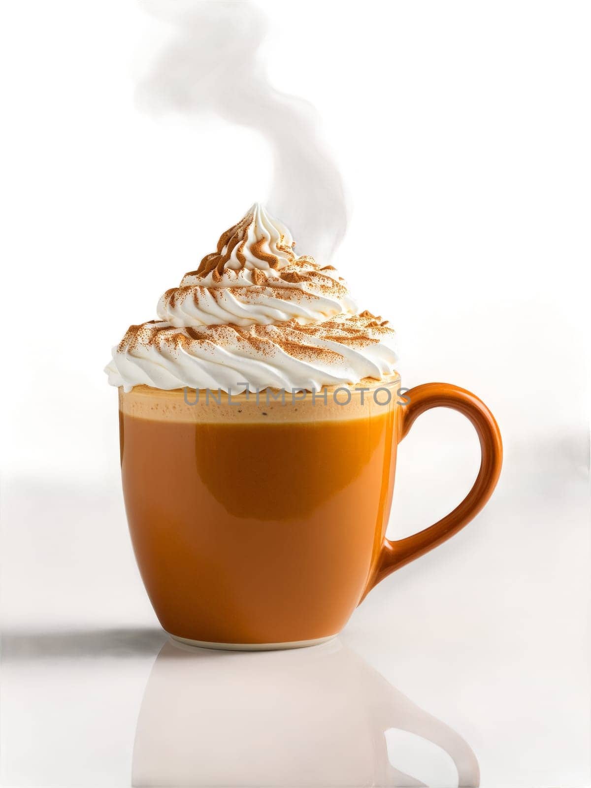 Pumpkin Spice Latte Mug with steaming pumpkin spice latte topped with whipped cream and dusting. Drink isolated on transparent background.
