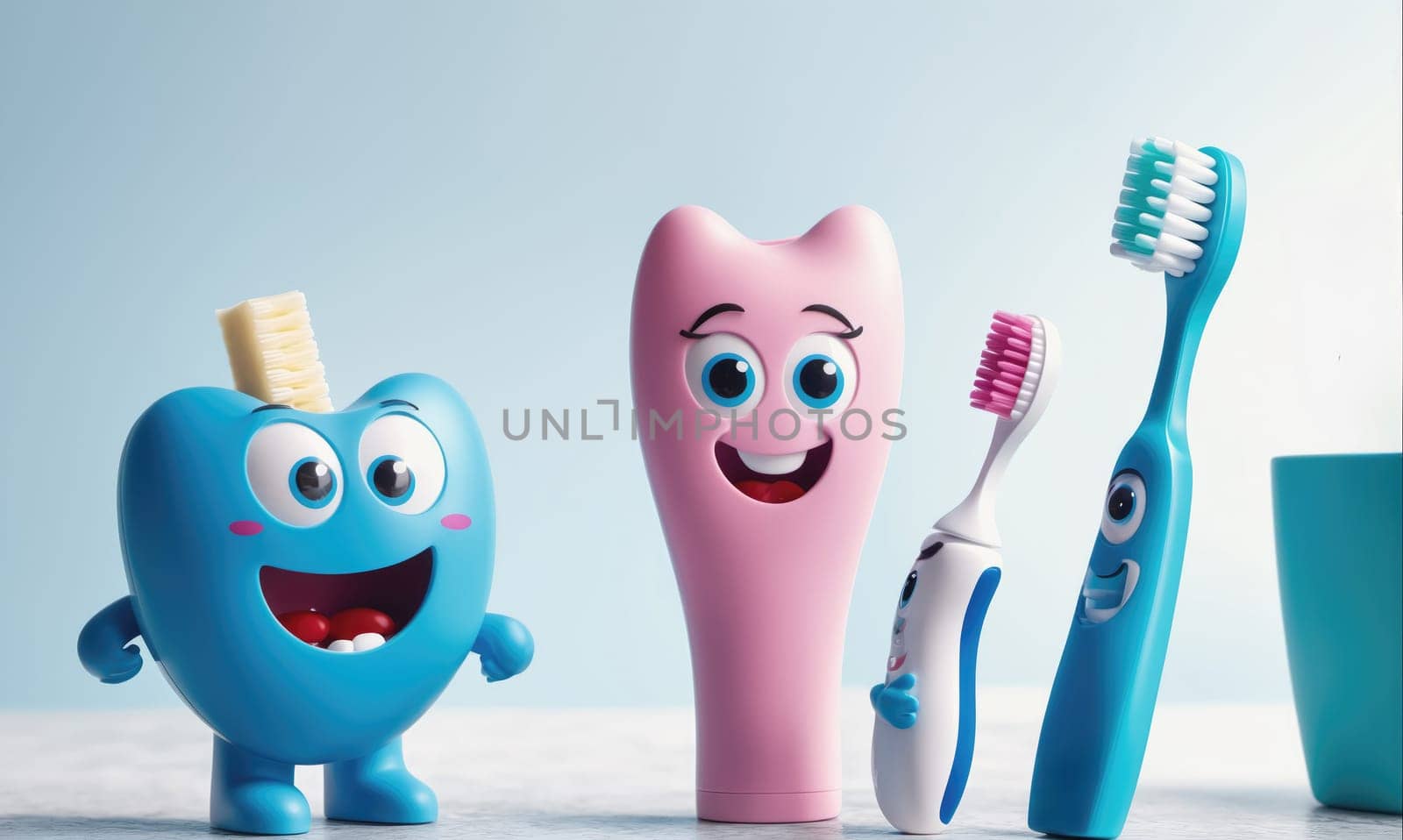 A variety of dental care items with cartoon faces, including a blue tooth character with a bar of soap on his head, a pink tooth character, a blue electric toothbrush, and a pink toothbrush.