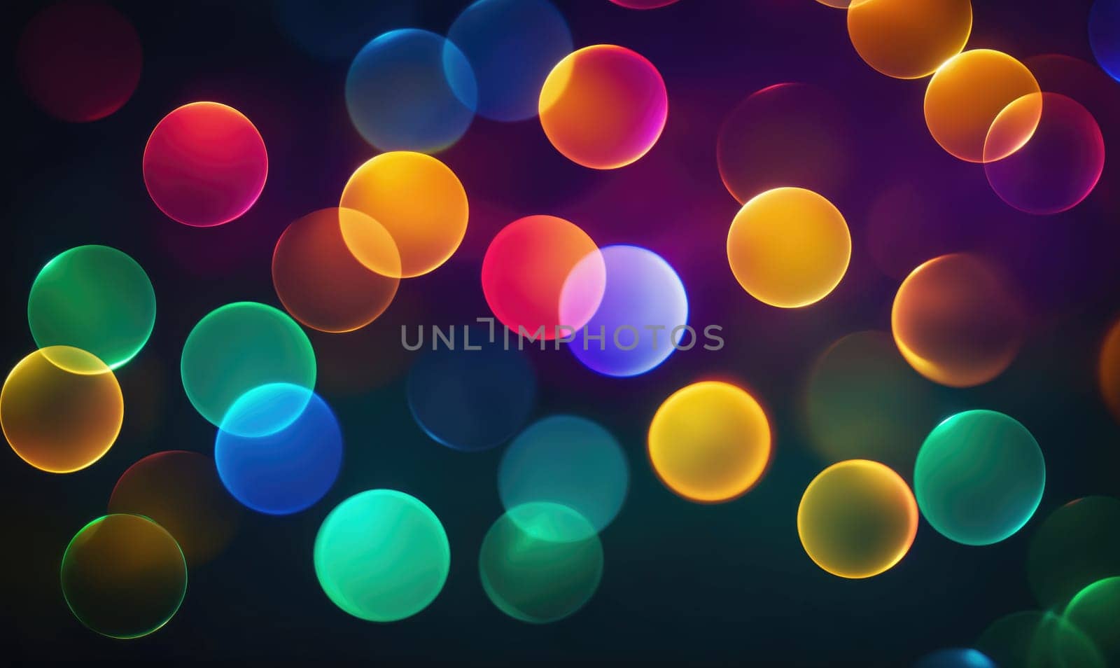 A background of blurred, colorful lights in the shapes of circles. The colors include red, orange, yellow, green, blue, and purple. The background is dark and the lights are bright.