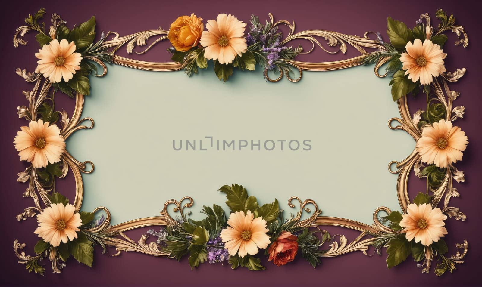 A rectangular frame made of gold, with intricate swirling patterns, is decorated with orange and yellow flowers, leaves, and sprigs of lavender. The background is a deep maroon.