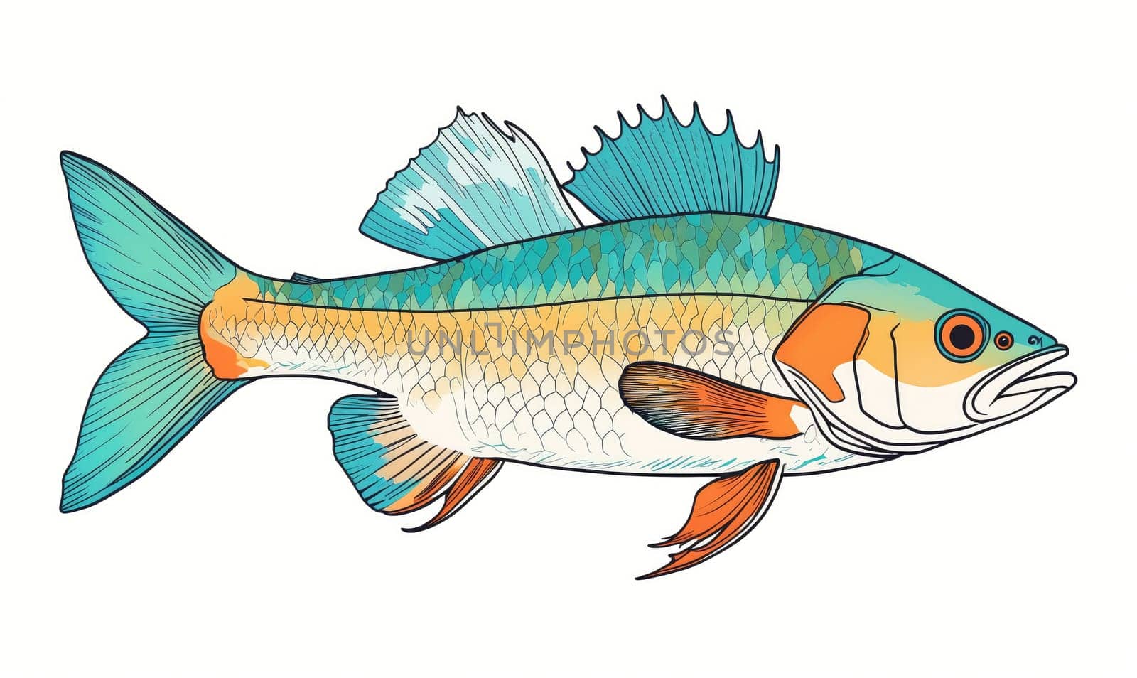A cartoon illustration of a fish with bright turquoise, orange, and white markings swimming. It has a large, open mouth and large eye.