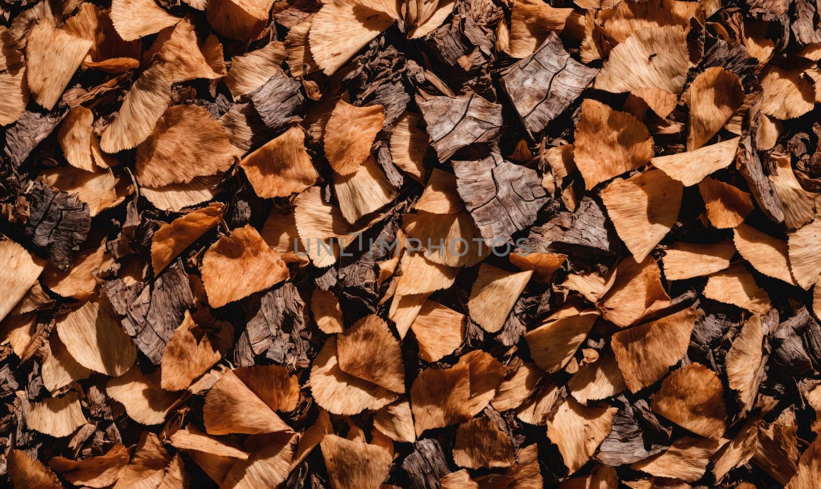 A collection of fallen leaves in shades of brown, covering the ground. The leaves are dry and textured, with some showing signs of decay