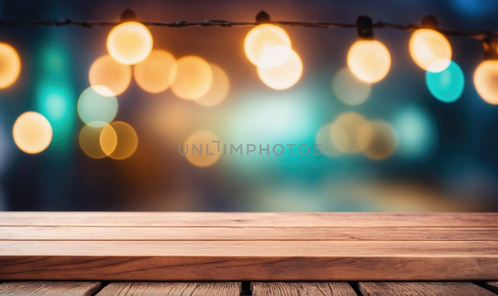 A close-up of a wooden tabletop with a blurred background of bright lights. The background is a dark blue with a few blurry, yellow lights and one large, blurred blue light.