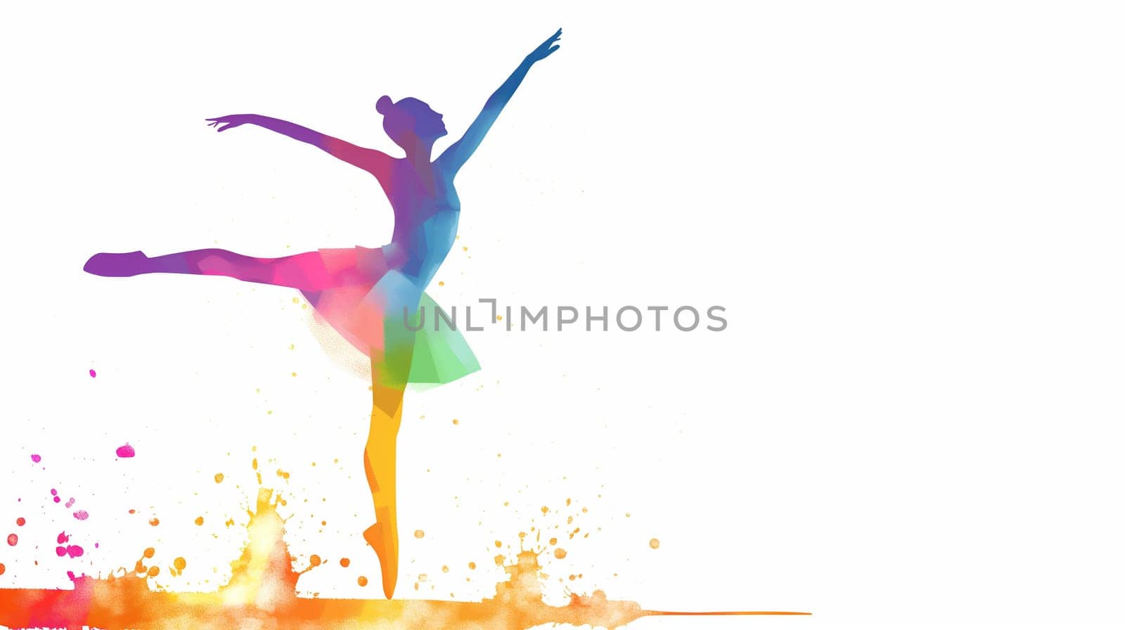 A ballet dancer executes a stunning leap, combining poise and motion. The colorful splashes around enhance the sense of movement and artistic expression in a dynamic performance - Generative AI