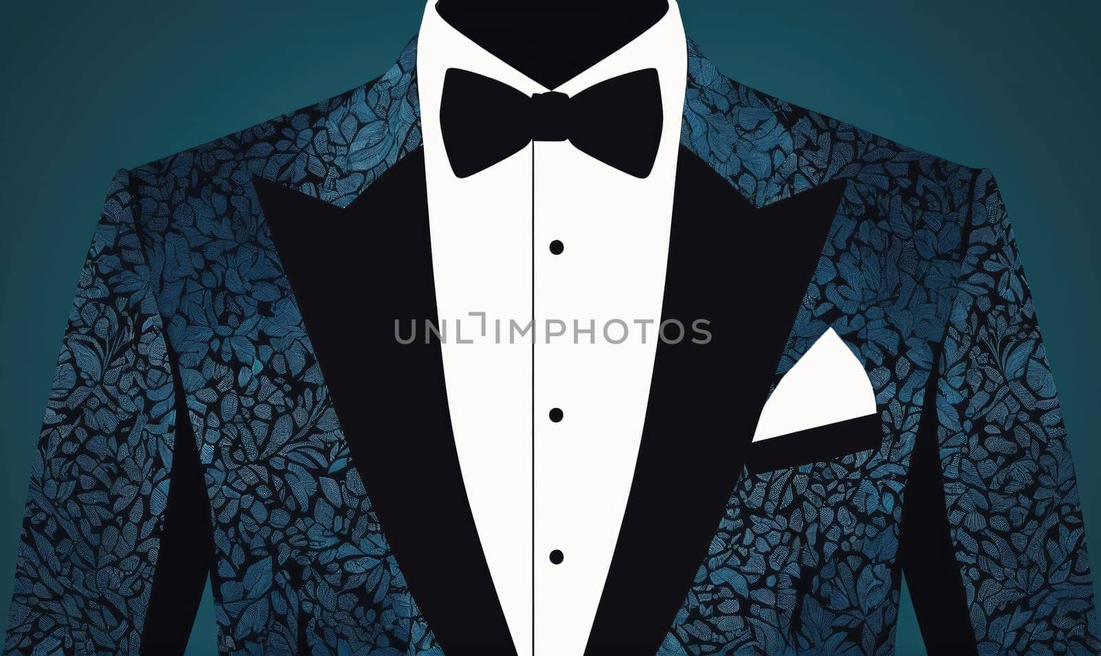 The image shows the front of a man's tuxedo jacket. The jacket is teal with a floral pattern and black lapels. The tuxedo is worn with a white shirt and a black bowtie.
