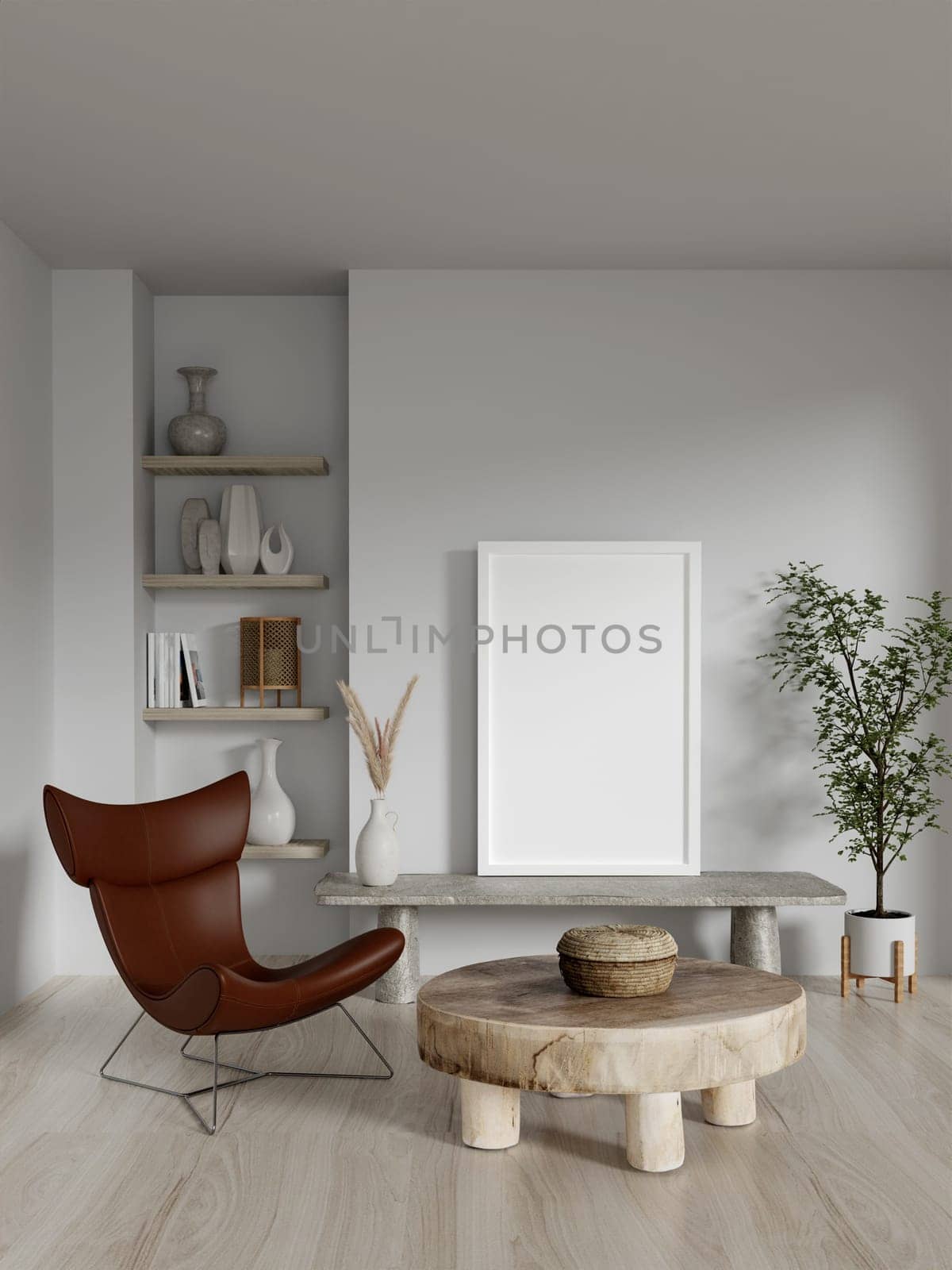 A 3D rendering of a contemporary living area with a leather chair and wooden table, highlighting stylish interior.