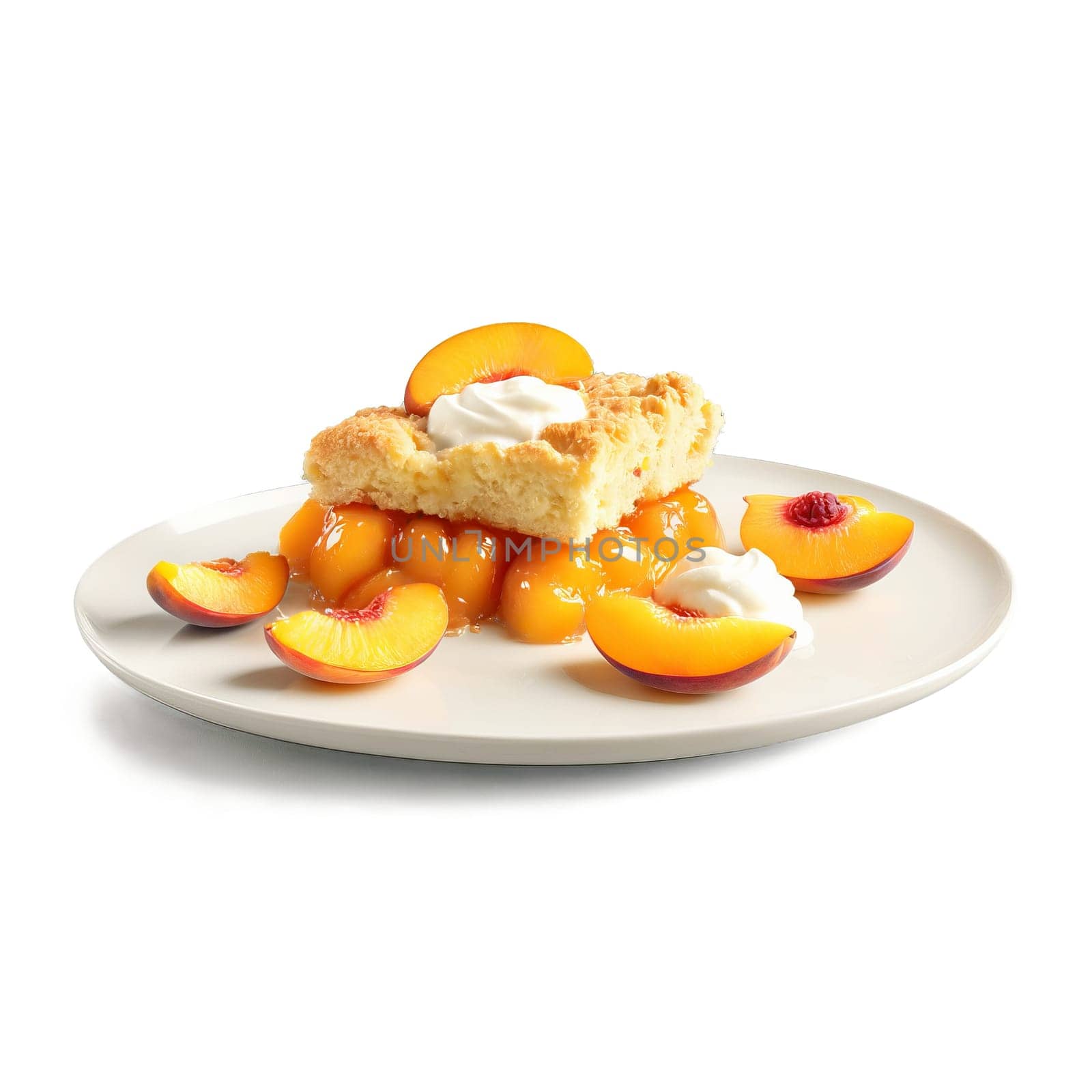 Peach cobbler tender peaches bubbling filling golden biscuit topping served on a white plate Summer. close-up food, isolated on transparent background